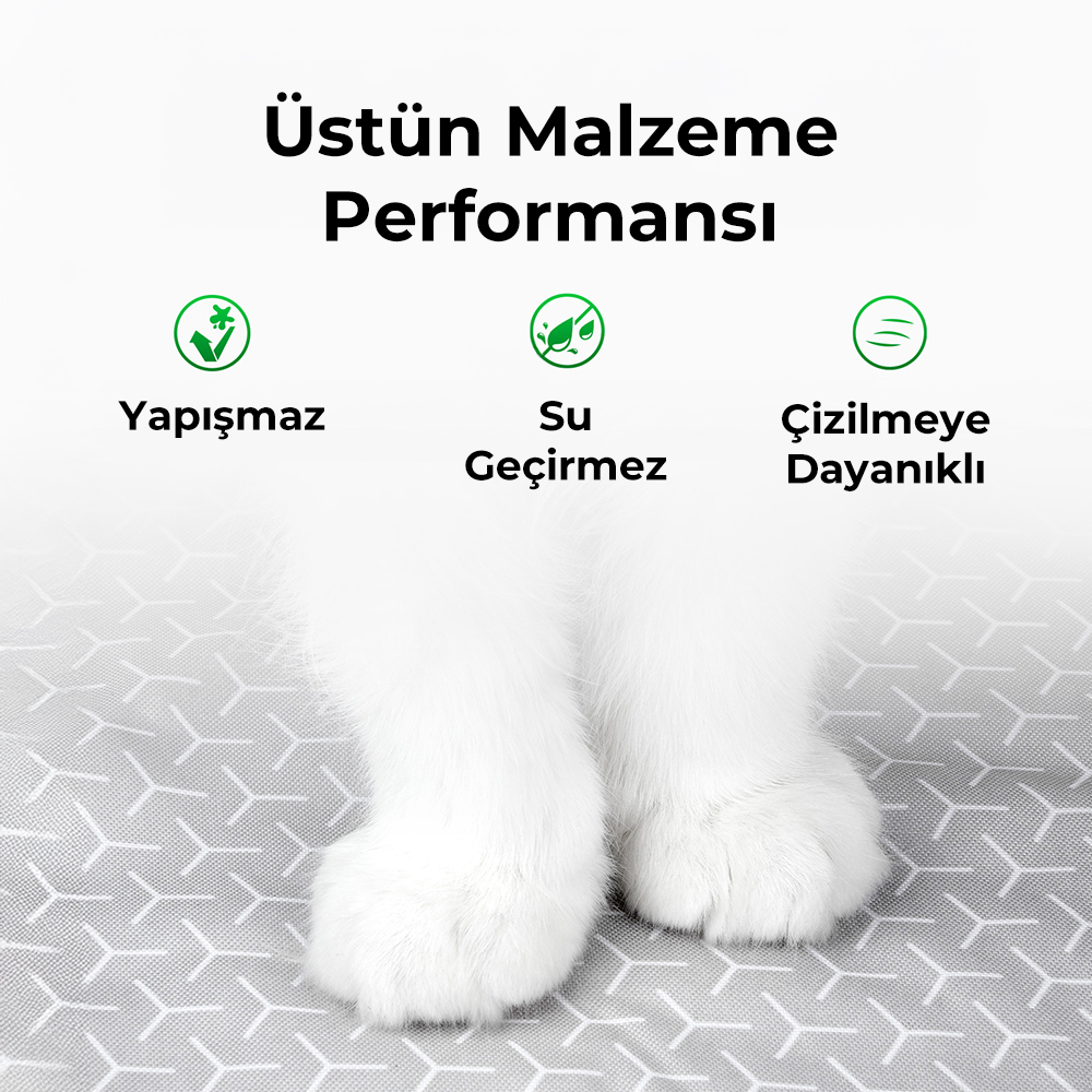 Beyaz kedi patileri gri desenli yüzeyde. Üç simge ve üstte metin.