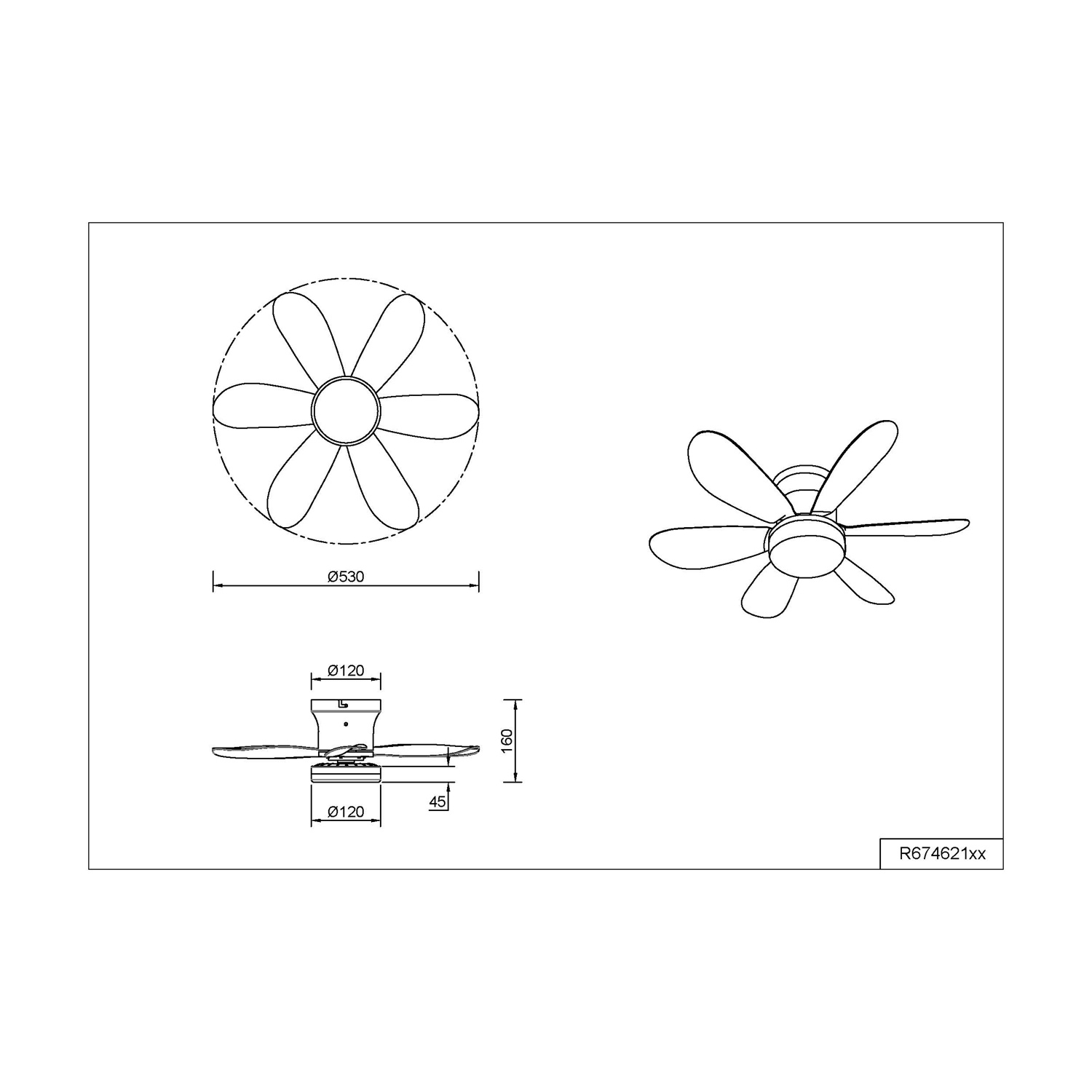 Diagramma di ventilatore da soffitto con dimensioni. Sfondo bianco e nero.