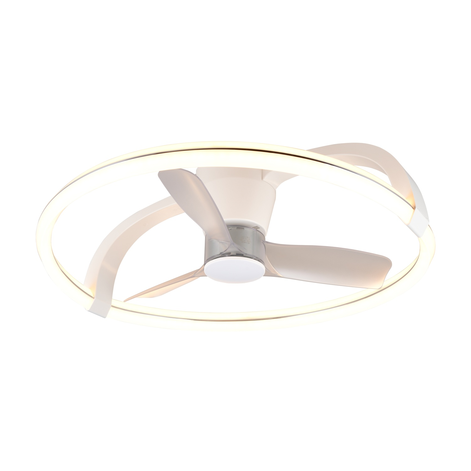 Ventilatore da soffitto bianco e argento con tre pale e un anello luminoso. Sfondo bianco.