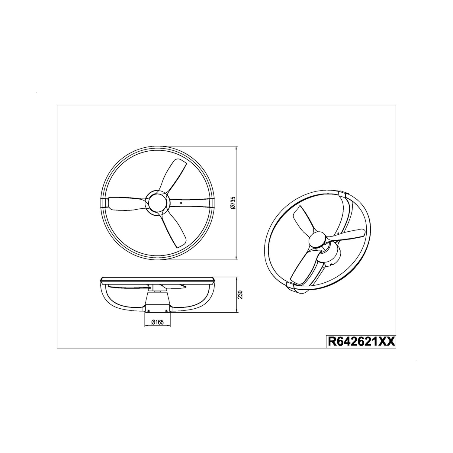Diagramma di ventilatore da soffitto con misure e dimensioni. Sfondo bianco e nero.