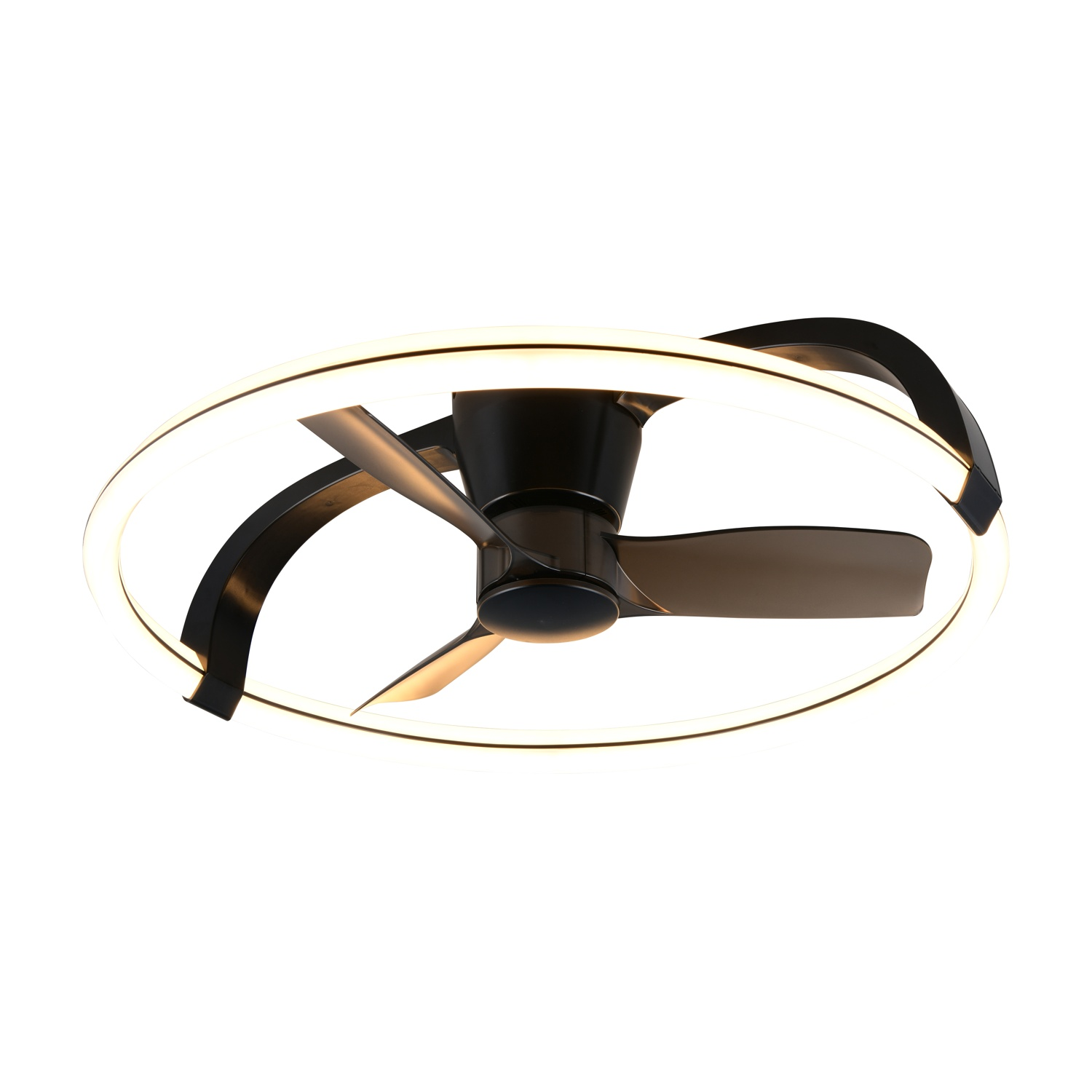 Ventilatore da soffitto con pale nere, anello di luce bianco ed elementi del telaio neri, su sfondo bianco.