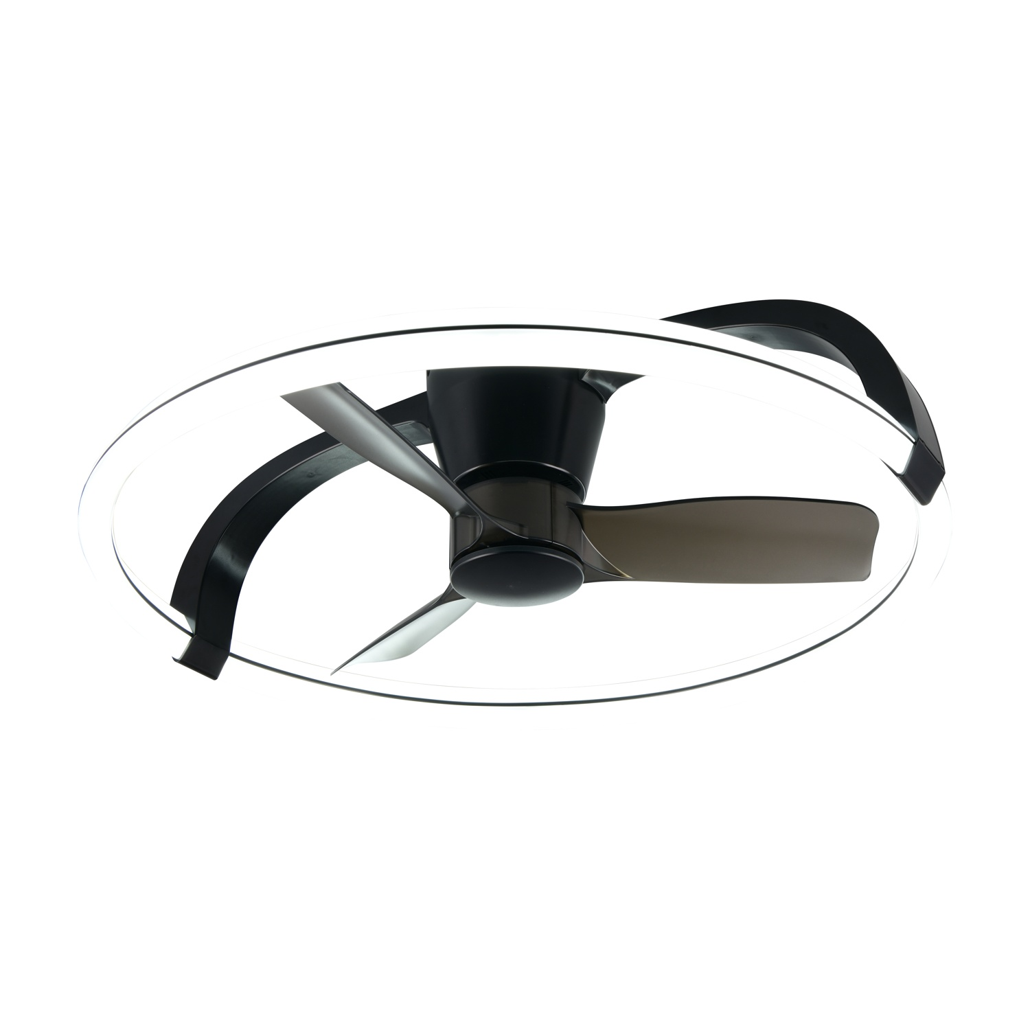 Ventilatore da soffitto con pale nere, anello di luce bianco ed elementi del telaio neri su sfondo bianco.