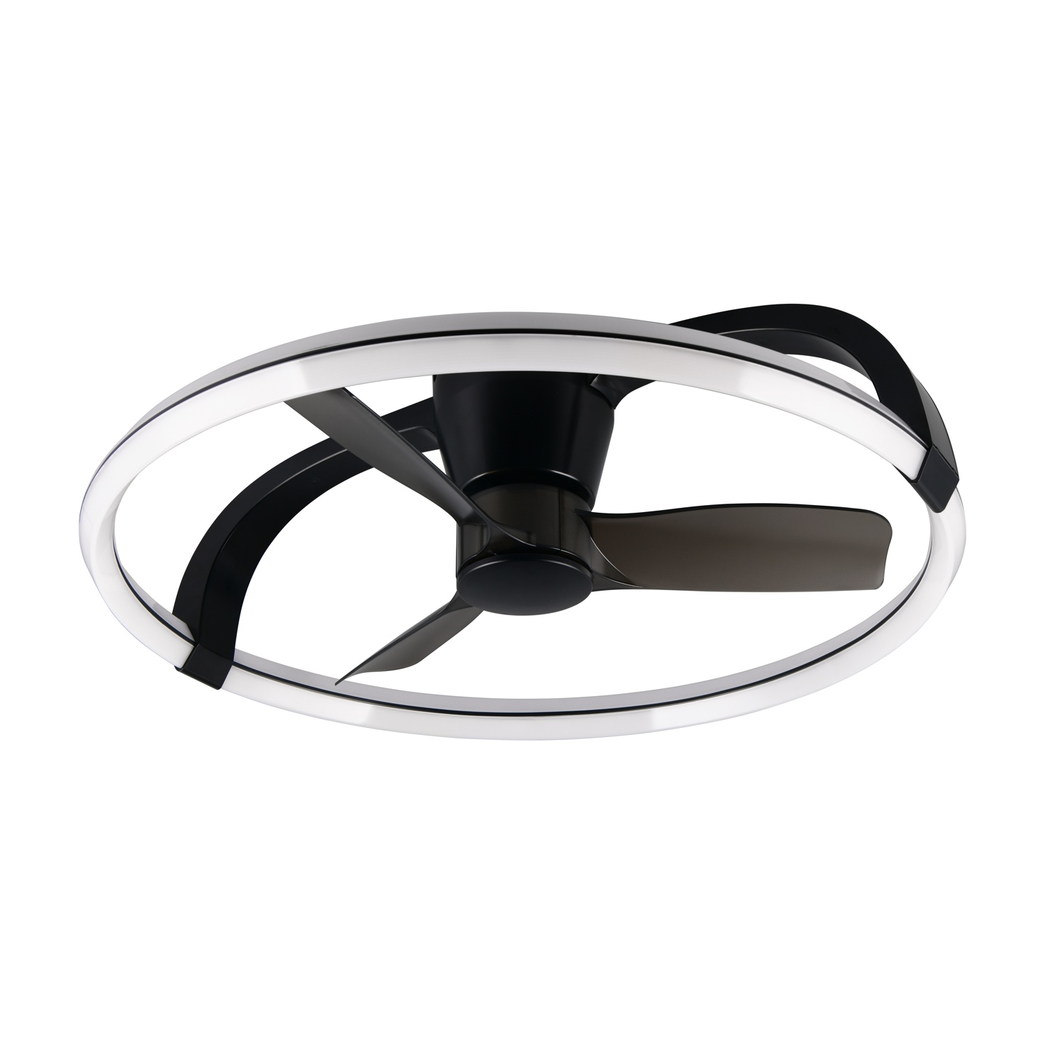 Ventilatore da soffitto con pale nere, anello di luce bianco ed elementi del telaio neri su sfondo bianco.
