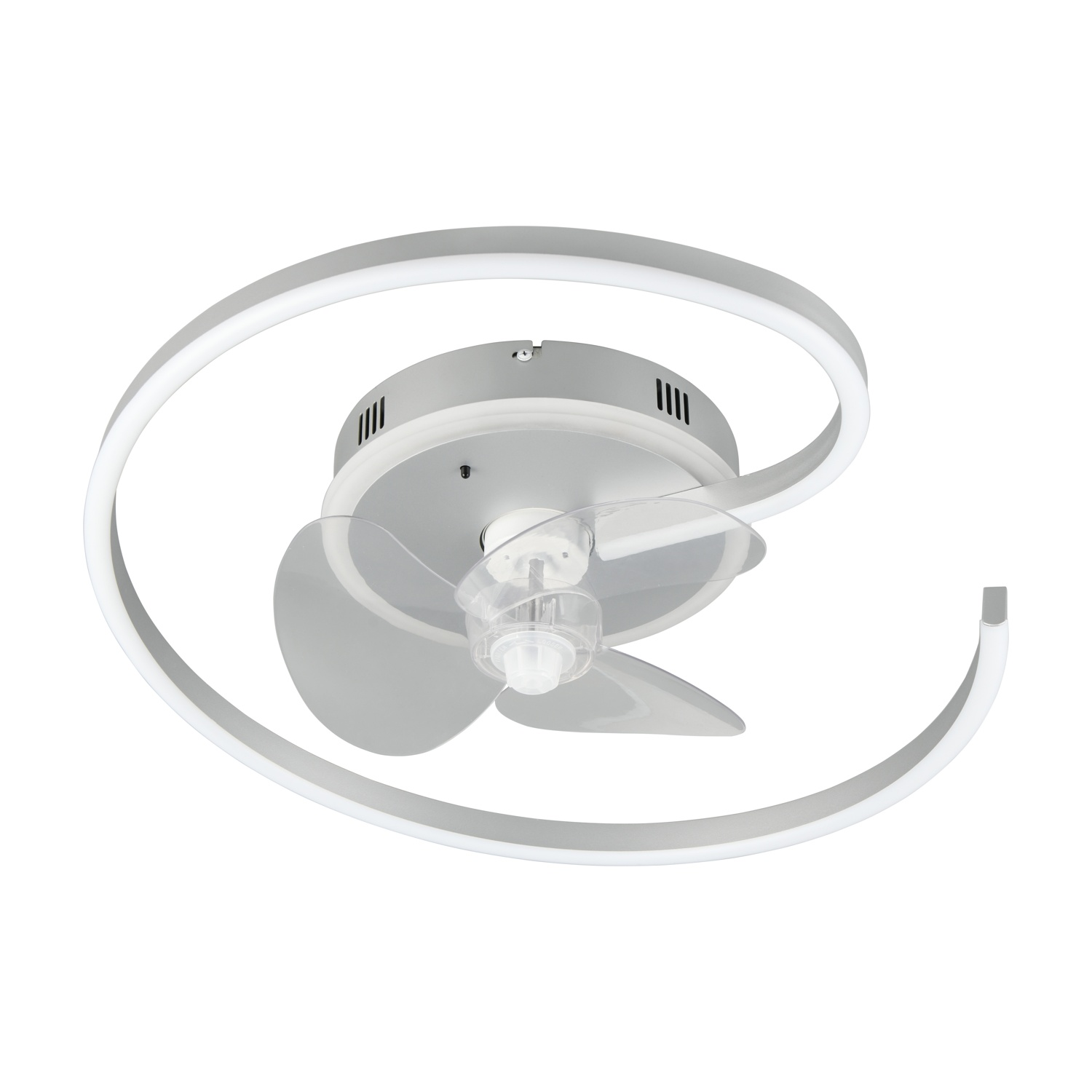Ventilatore da soffitto bianco con tre pale e una cornice a spirale bianca. Isolato su sfondo bianco.