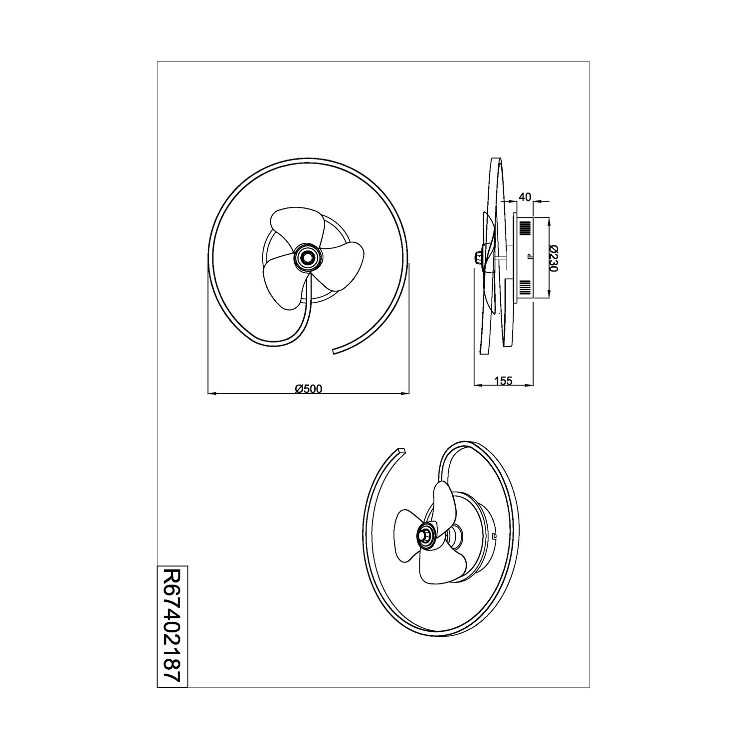Disegno a linea di un ventilatore da soffitto con dimensioni e dettagli tecnici. Isolato su bianco.