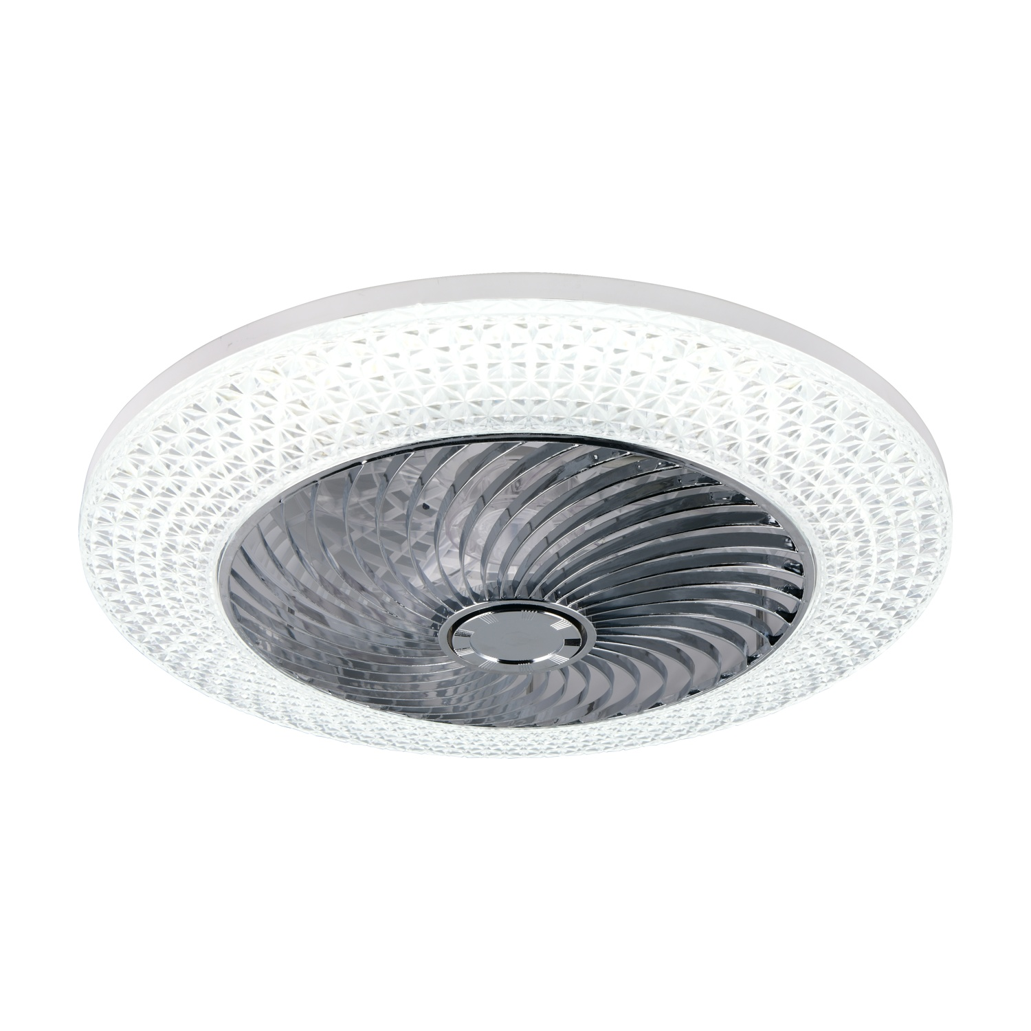 Ventilatore da soffitto bianco con un anello luminoso strutturato e pale a spirale. Isolato su bianco.