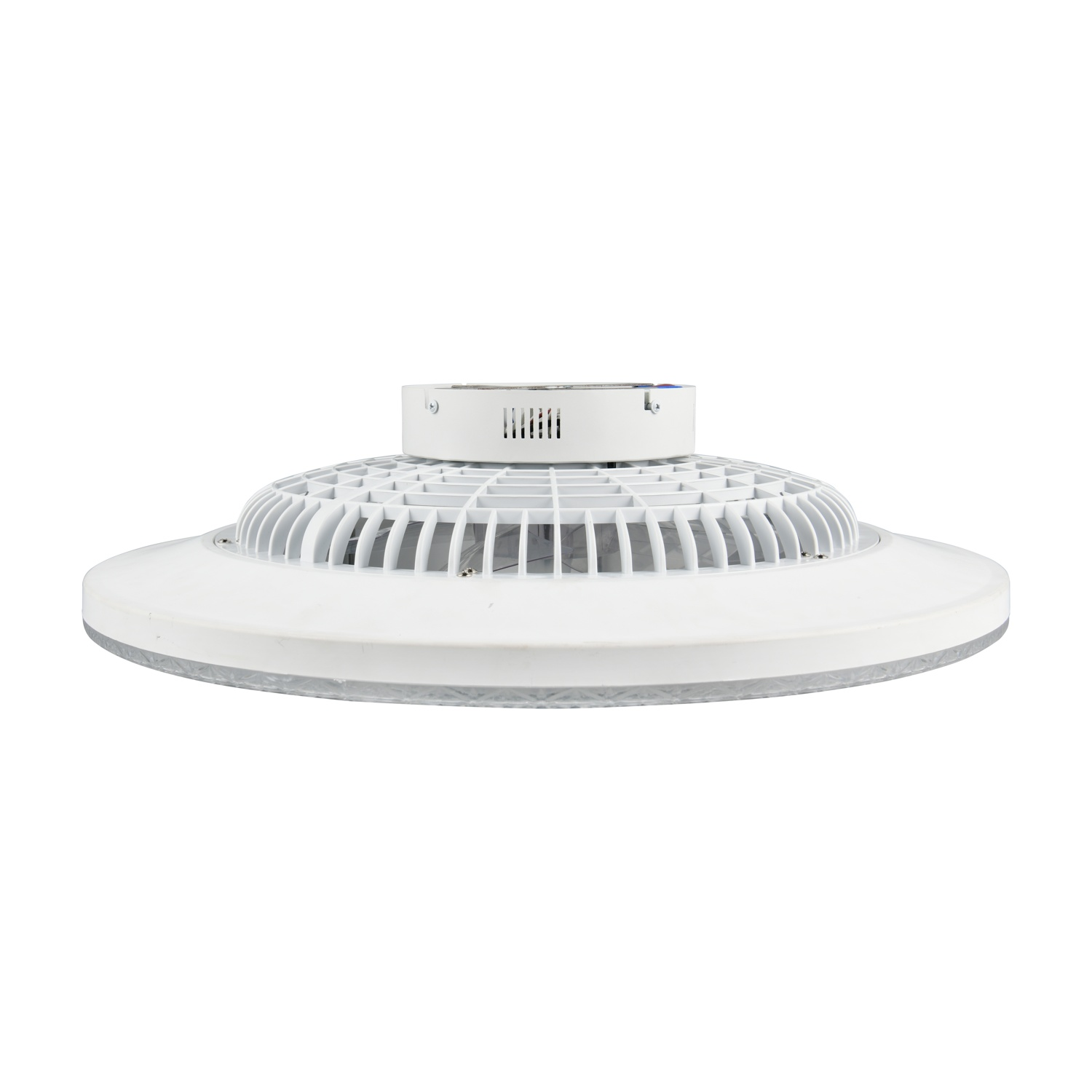 Ventilatore da soffitto bianco dal design rotondo. Ha una griglia e una luce circolare.