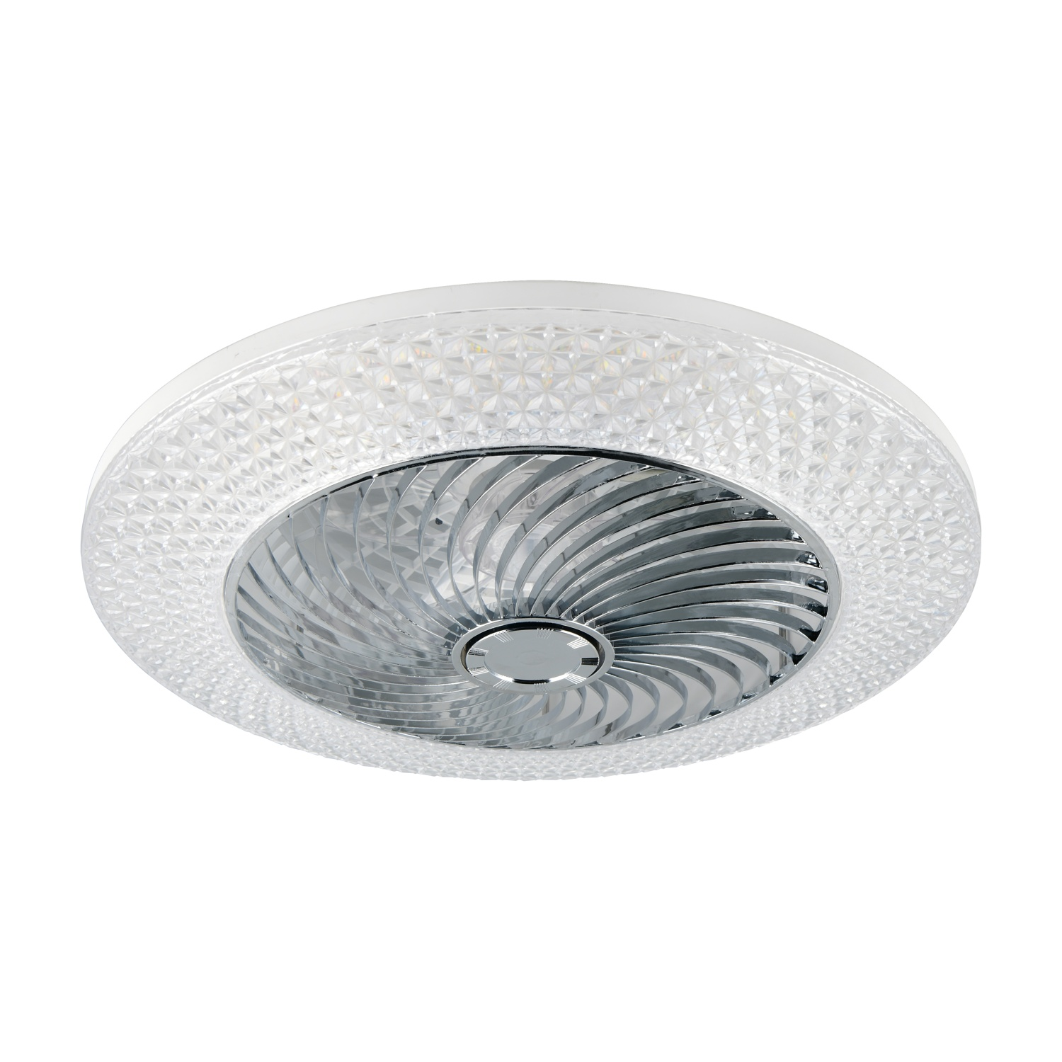 Ventilatore da soffitto con anello luminoso strutturato e pale a spirale, isolato su bianco.