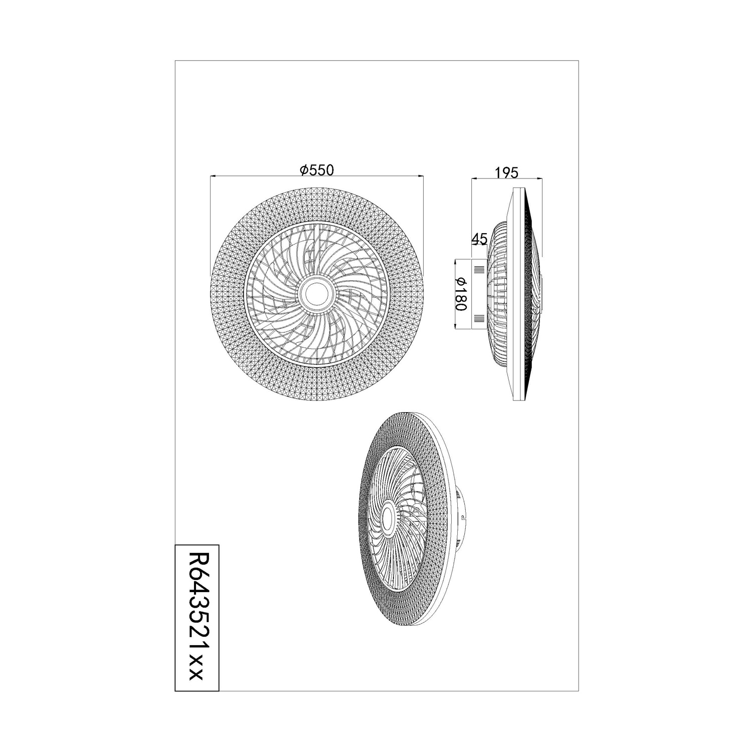 Disegno tecnico di un ventilatore da soffitto con dimensioni, che mostra viste dall'alto, laterali e angolate.