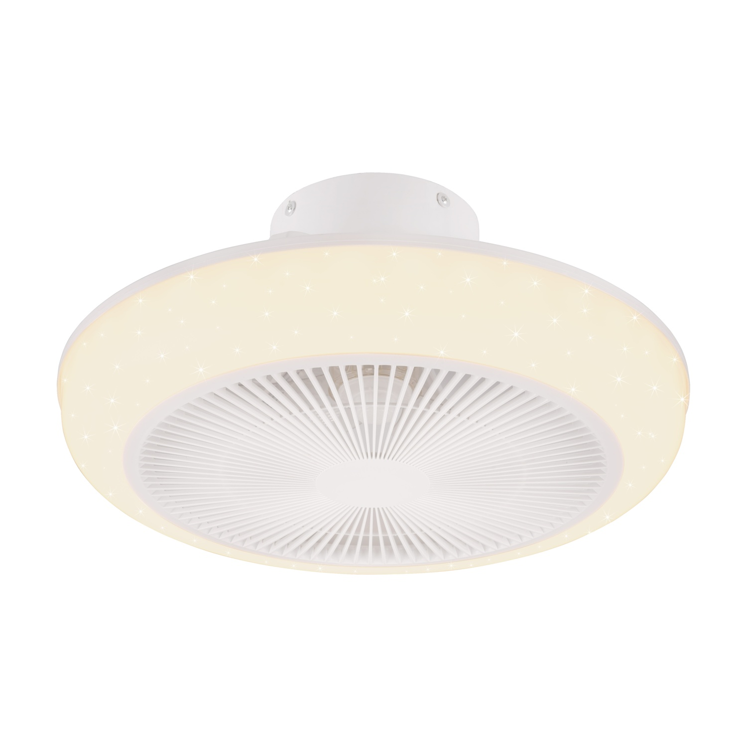 Ventilatore da soffitto bianco con luce circolare che emette luce stellare. Ha una griglia bianca.