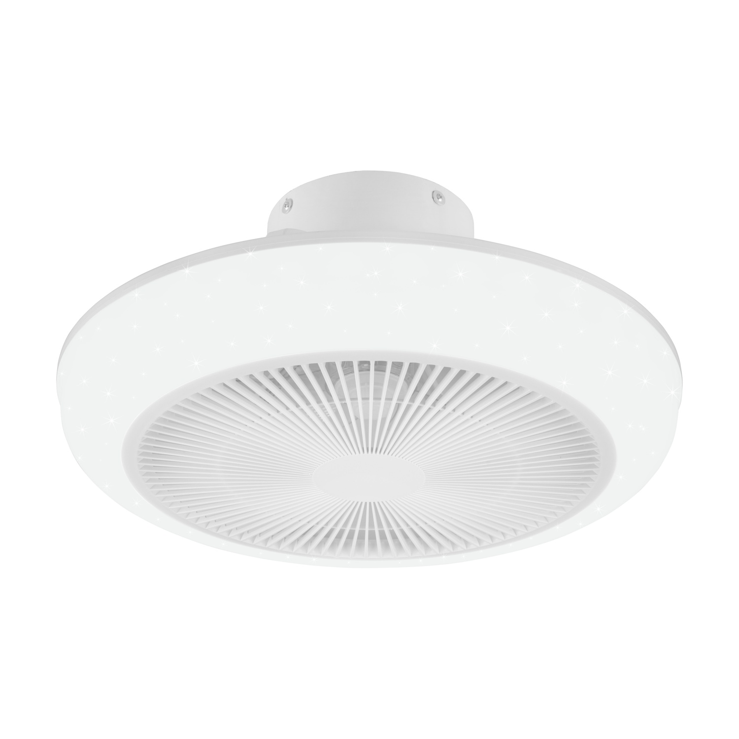 Ventilatore da soffitto bianco con luce circolare. Ha una griglia bianca ed è su un soffitto bianco.