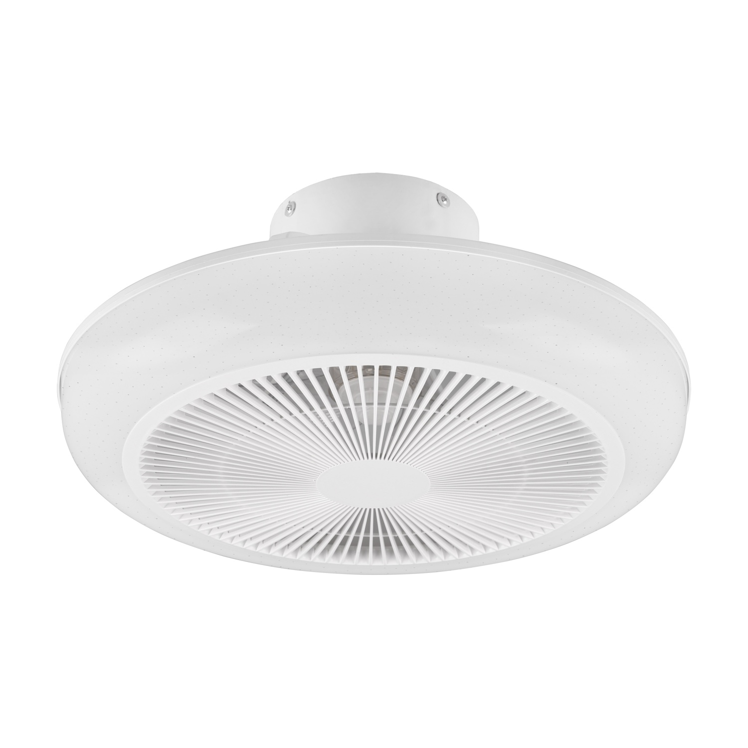 Ventilatore da soffitto bianco con un design circolare e scanalato. Isolato su sfondo bianco.