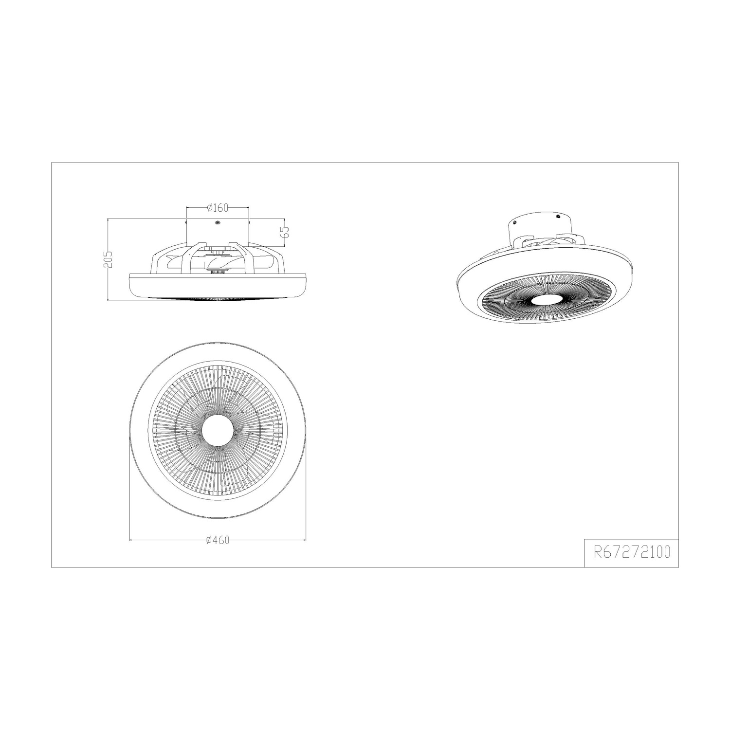 Disegno tecnico di un ventilatore da soffitto che mostra viste dall'alto, laterali e angolate con dimensioni.