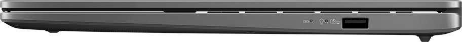 Egy sötétszürke laptop oldalsó nézete, amely a portokat és a szellőzőnyílásokat mutatja.