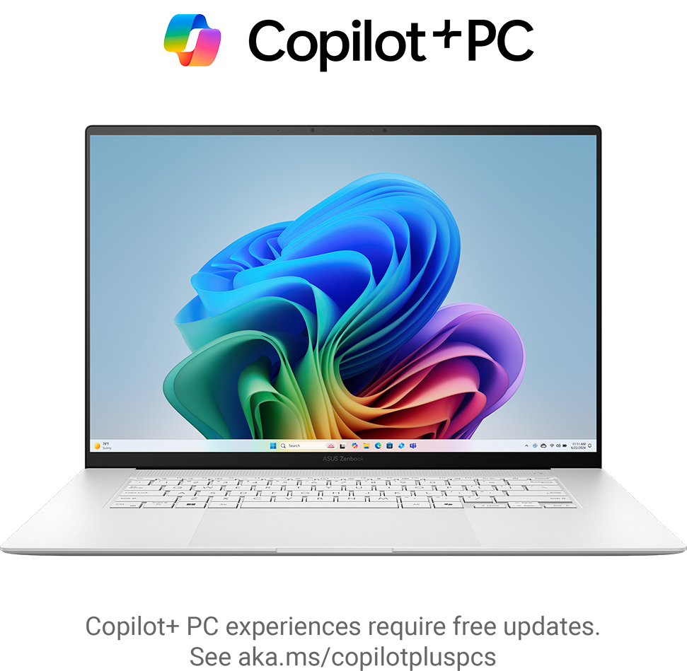 A nyitott fehér laptop a képernyőn lévő színes háttérképpel és egy copilot ikonnal.