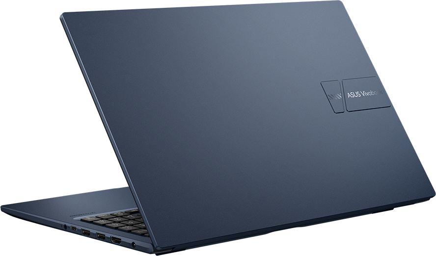 Nyitott, sötétkék felületű laptop, billentyűzet és ASUS Vivobook logó látható.