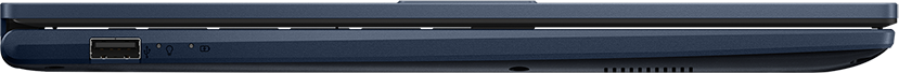 Sötétkék laptop oldalsó nézete, USB-porttal és más portokkal.