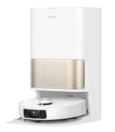 Biały robot sprzątający na stacji ładującej. Baza ma beżowy akcent.