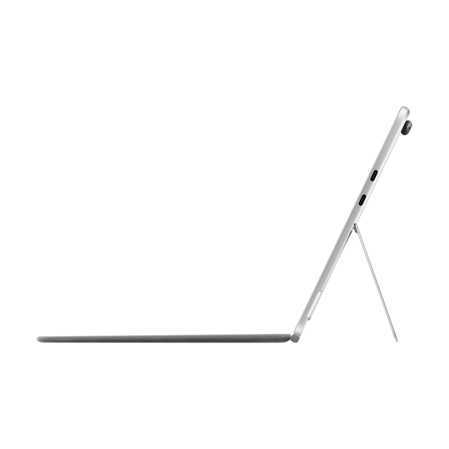 Vista laterale del tablet, colore argento, tastiera staccata. Lo schermo è angolato.