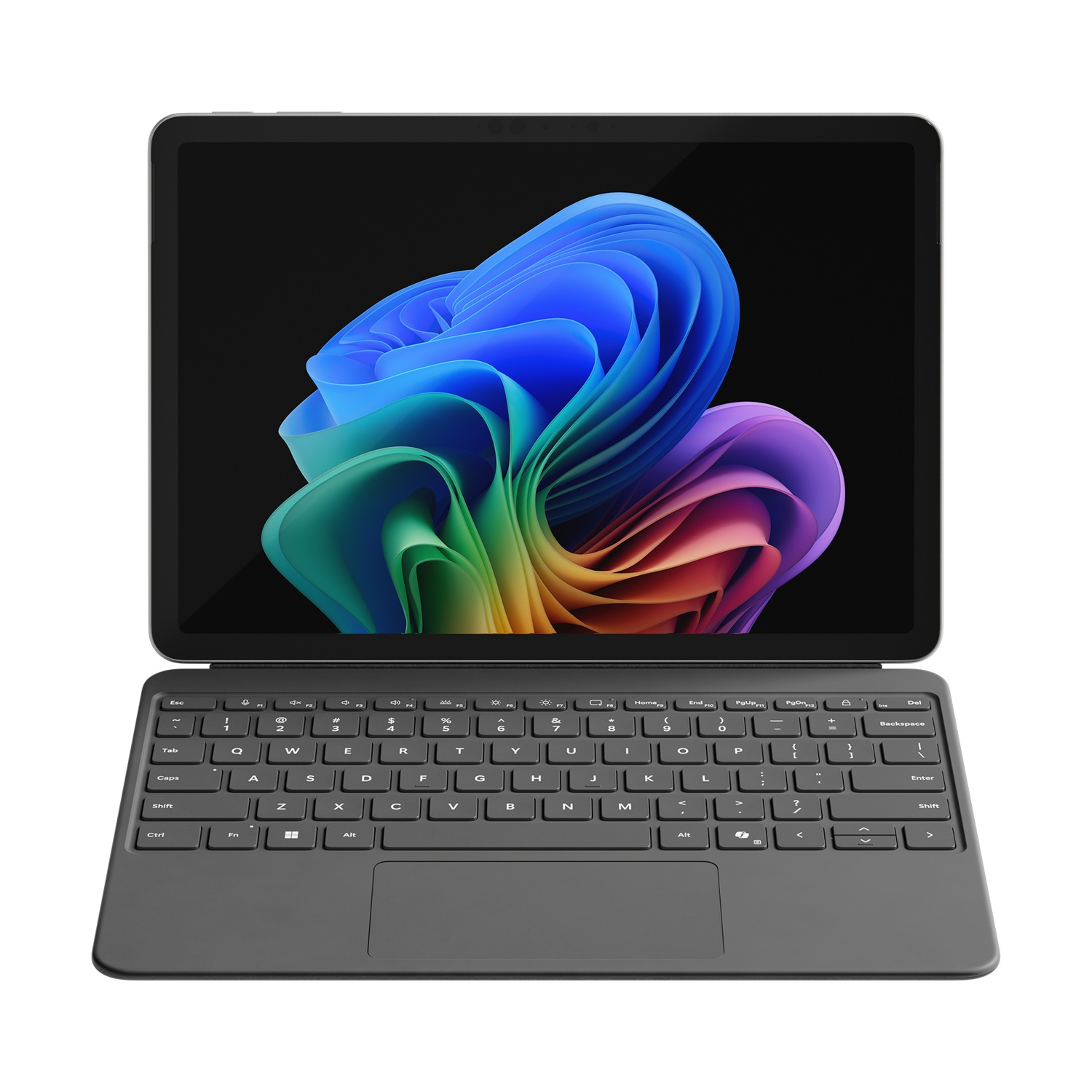 Tablet con tastiera. Lo schermo mostra arte astratta colorata. Tastiera collegata.