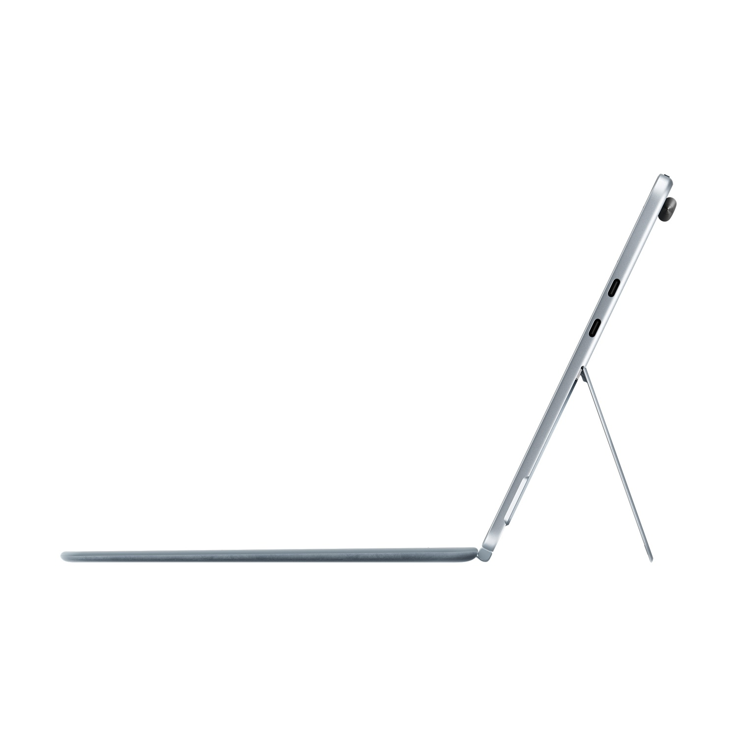 Vista laterale del tablet. La tastiera è staccata. Il colore è blu-grigio scuro.
