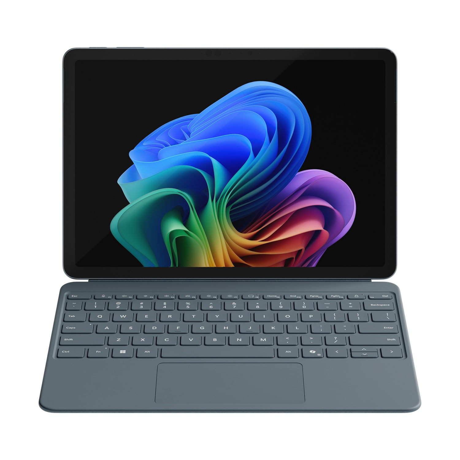 Tablet con tastiera blu. Schermo mostra immagine astratta colorata su sfondo nero.