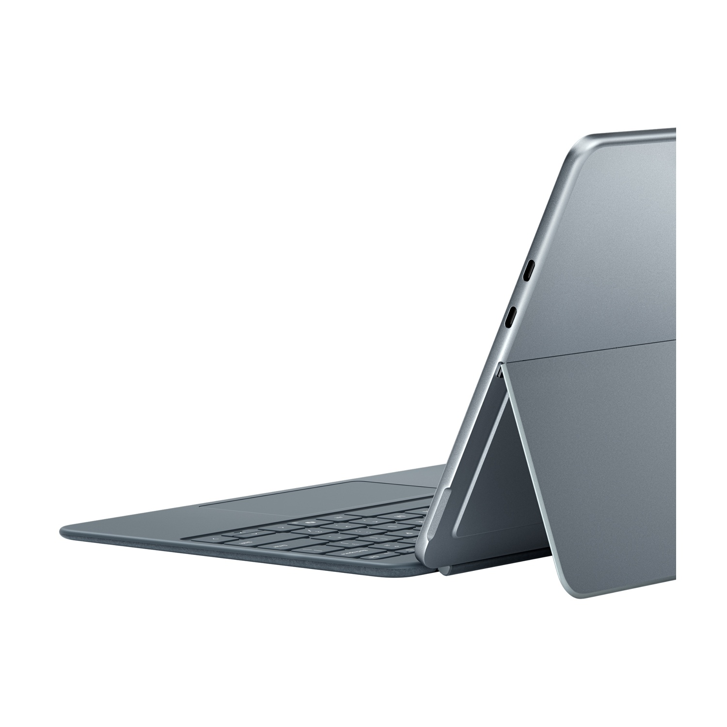 Tablet con tastiera, vista laterale, che mostra il lato. La tastiera è blu-grigio scuro.