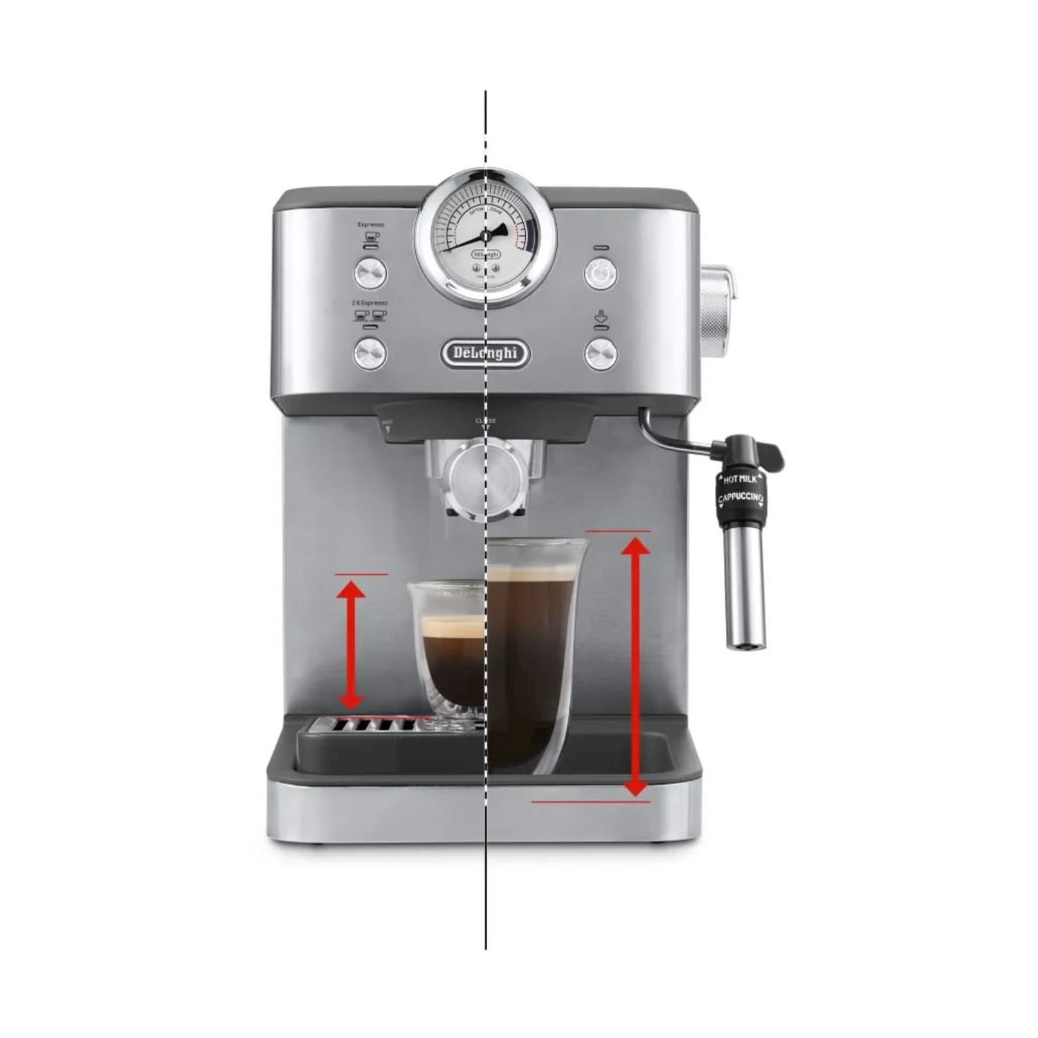 Macchina per espresso con frecce e linee. La macchina è in acciaio inossidabile.