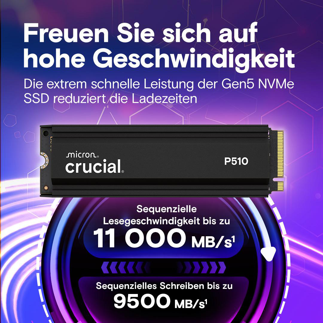 Schwarze SSD mit weißem Text. Text: 'Freuen Sie sich auf hohe Geschwindigkeit. Sequenzielle Lesegeschwindigkeit'.