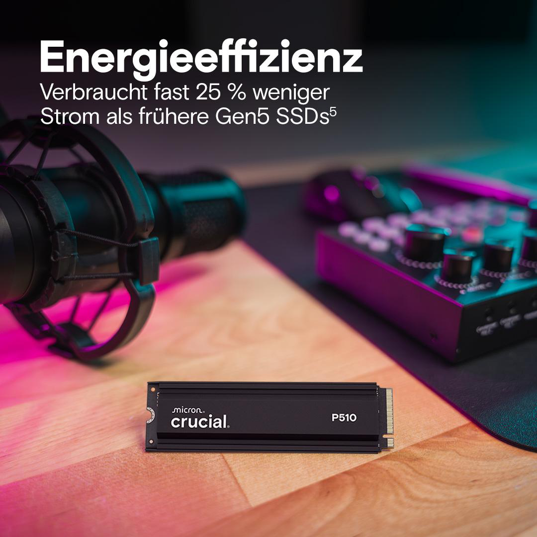 Schwarze SSD mit Text. Der Text lautet: 'Energieeffizienz. Verbraucht fast 25 % weniger Strom'.