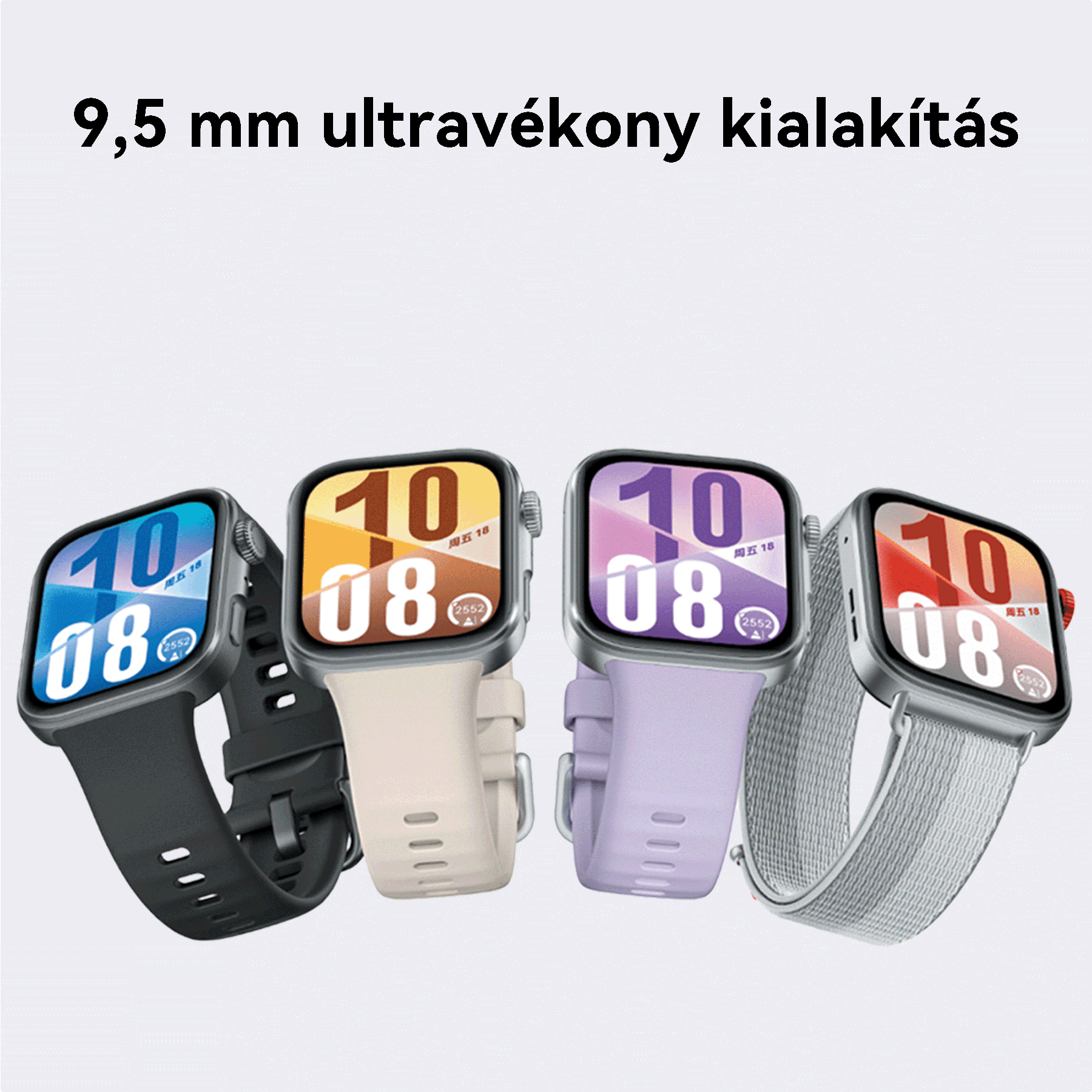 Négy okosóra különböző színű szíjjal. Az óralapok az időt és a dátumot mutatják.