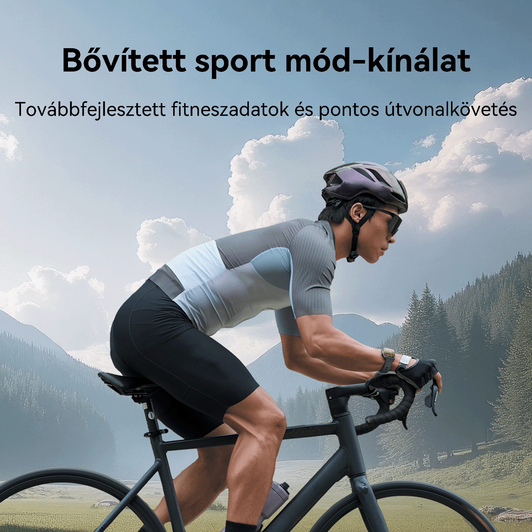 Egy kerékpáros hegyi úton biciklizik. A háttérben hegyek és az ég láthatók.