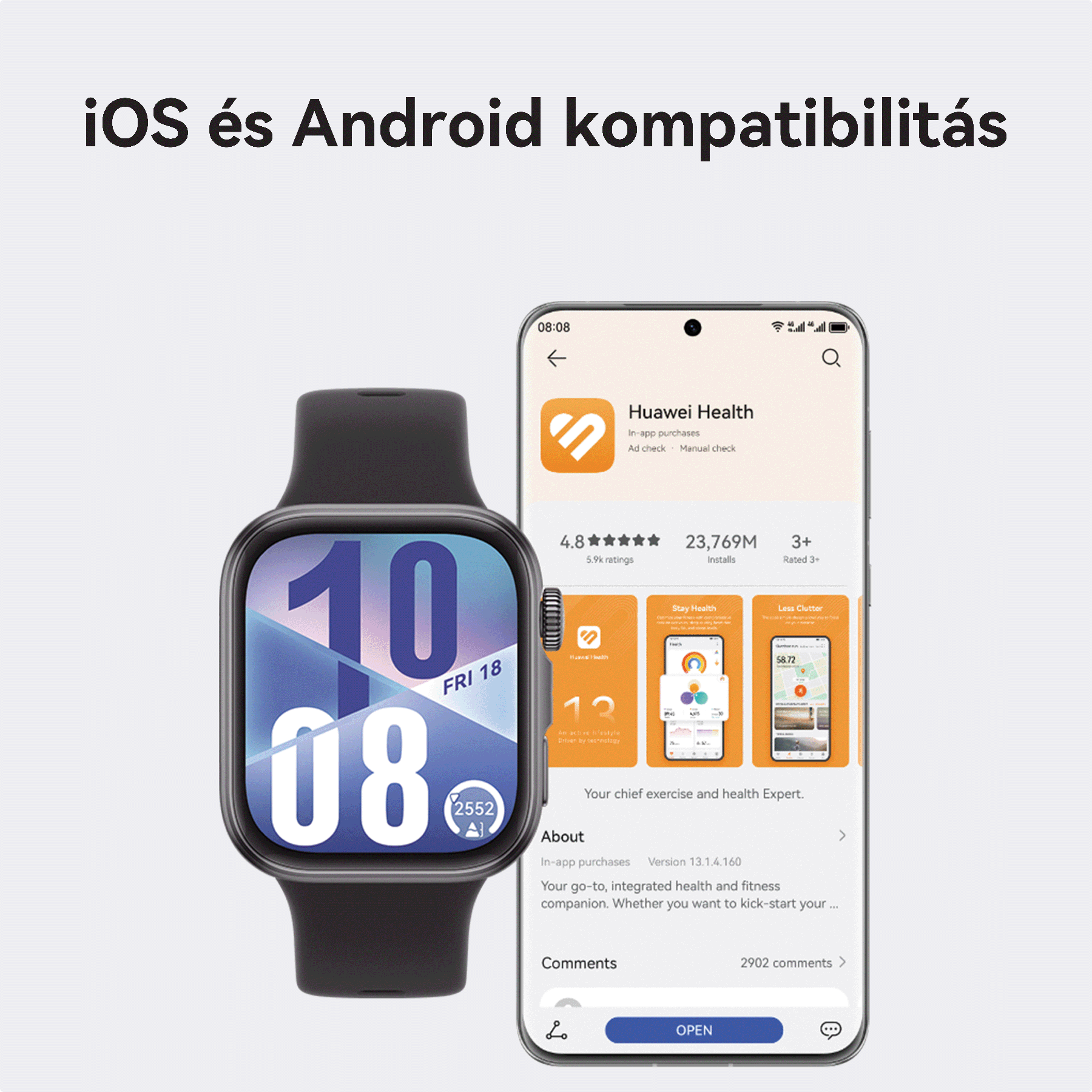 Egy fekete okosóra egy Huawei Health alkalmazást futtató telefon mellett. Mindkettő mutatja az időt és a dátumot.