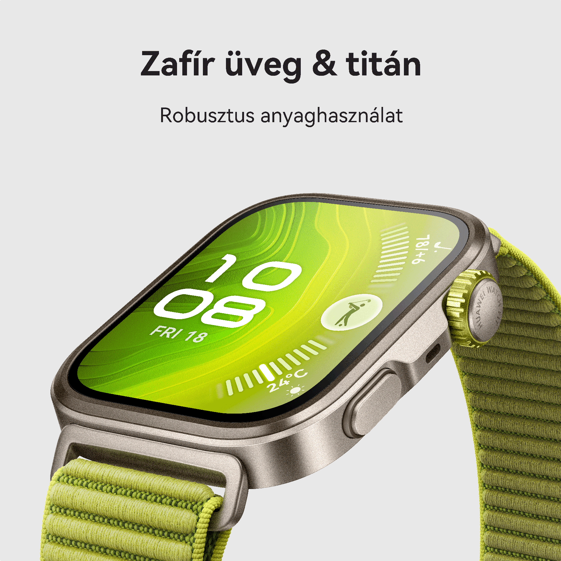 Egy okosóra közeli képe zöld szíjjal. A képernyőn látható az idő, a dátum és a pulzusszám ikon.
