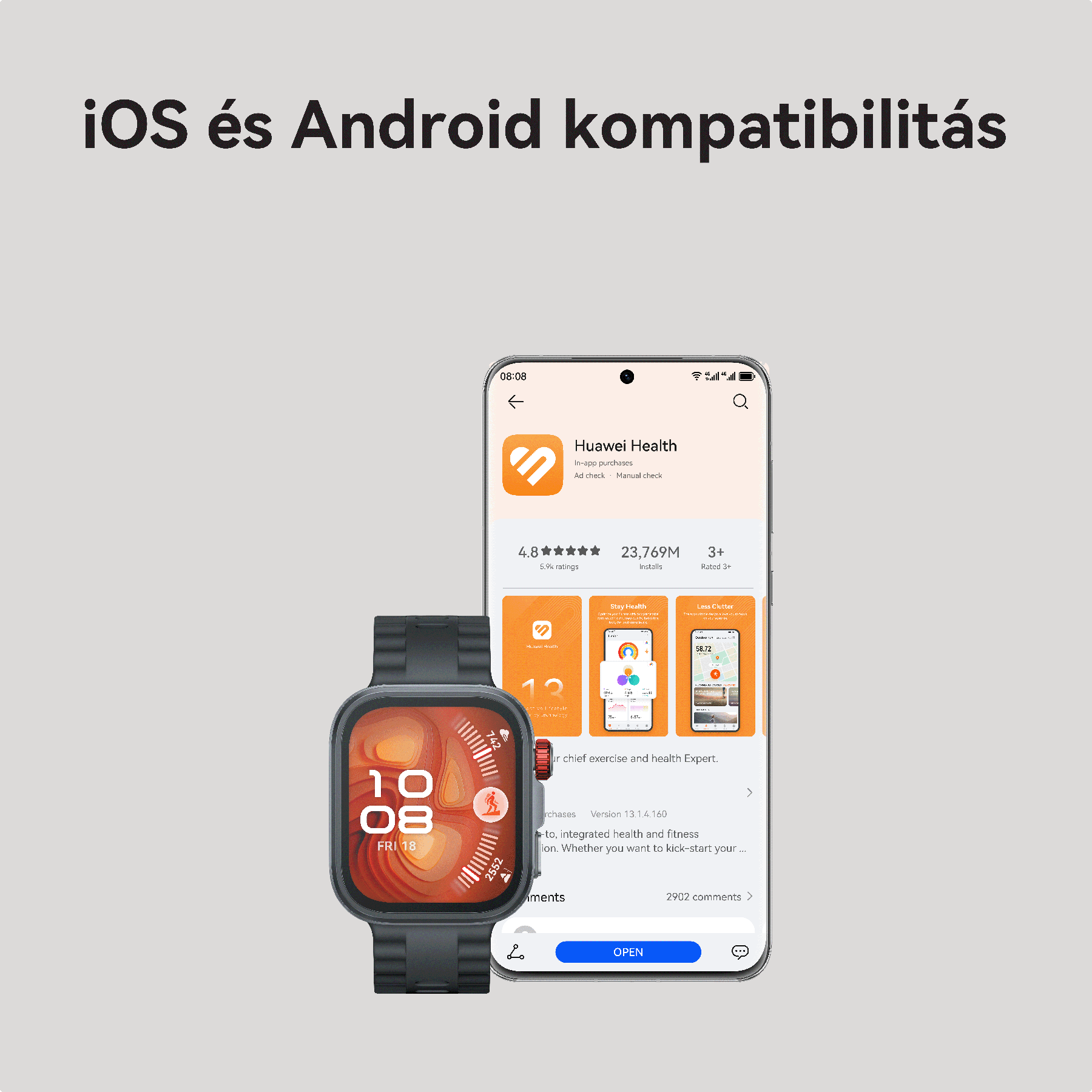 A telefon a Huawei Health alkalmazást mutatja egy okosórával. Az alkalmazás egészségügyi adatokat jelenít meg.