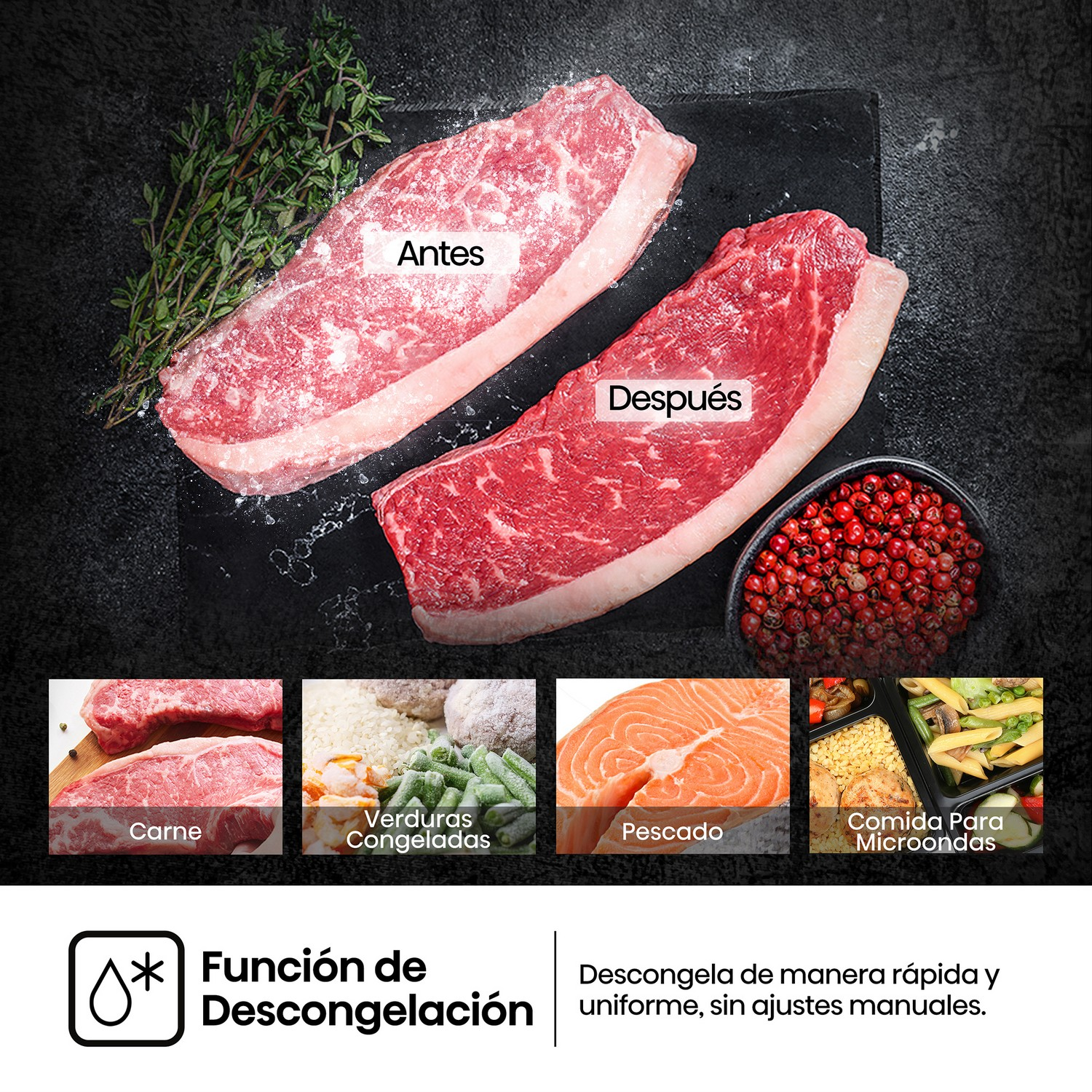 Carne cruda antes y después de descongelar, con verduras y otros alimentos.