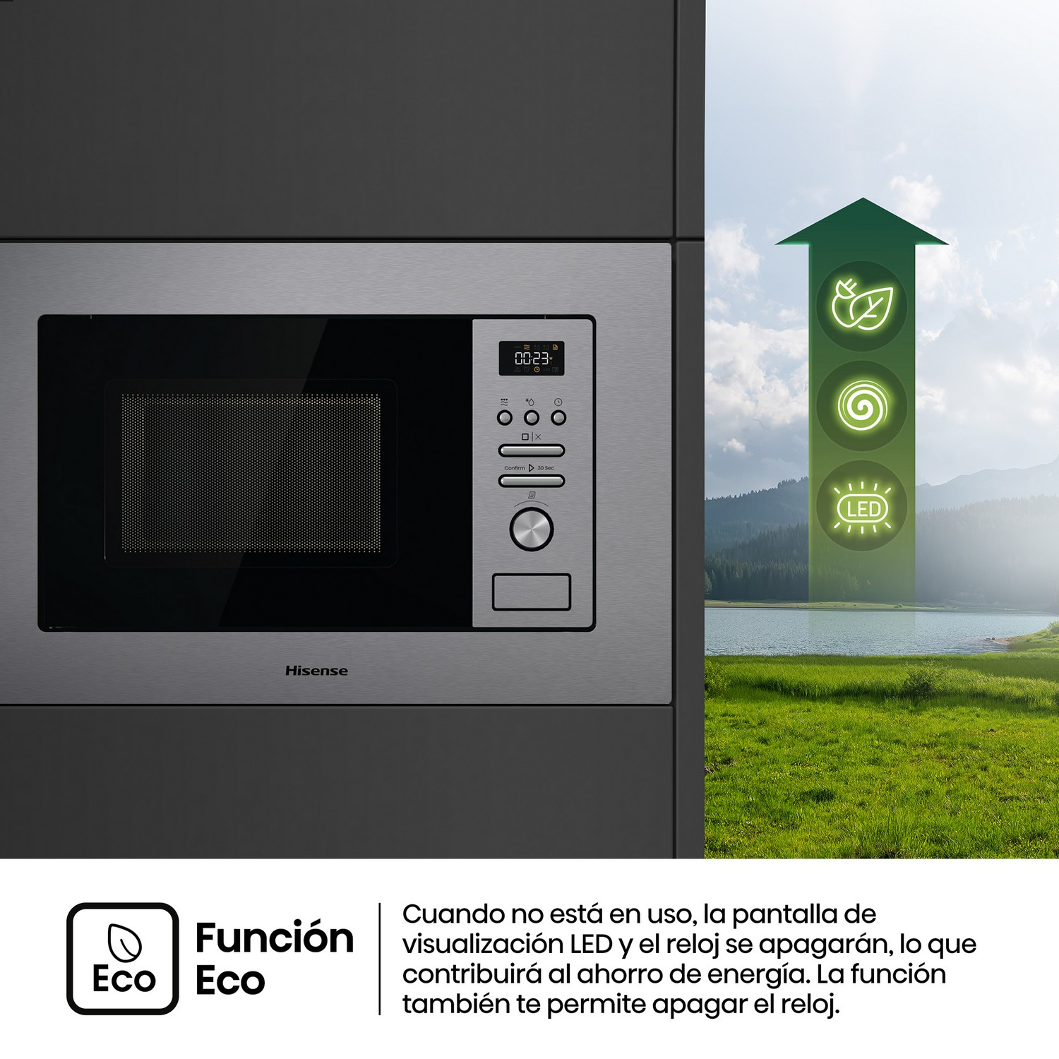 Un horno microondas con un símbolo ecológico y un fondo escénico.