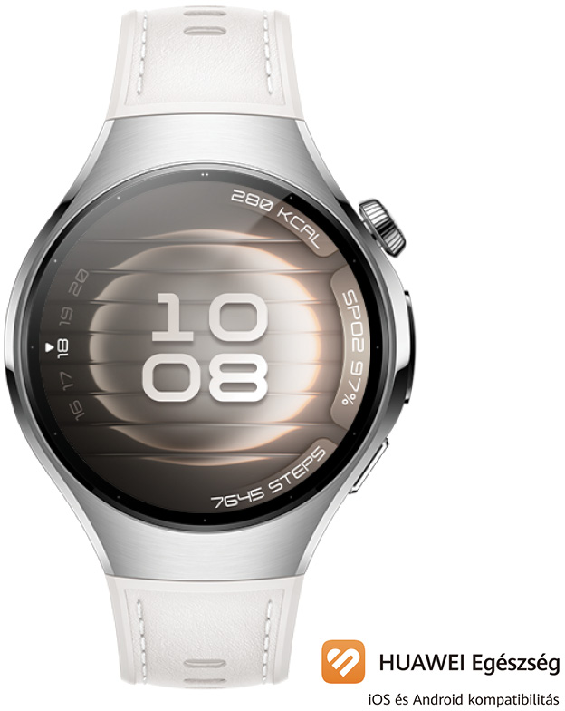 Egy ezüst okosóra fehér szíjjal, egészségügyi mutatókat jelenít meg.