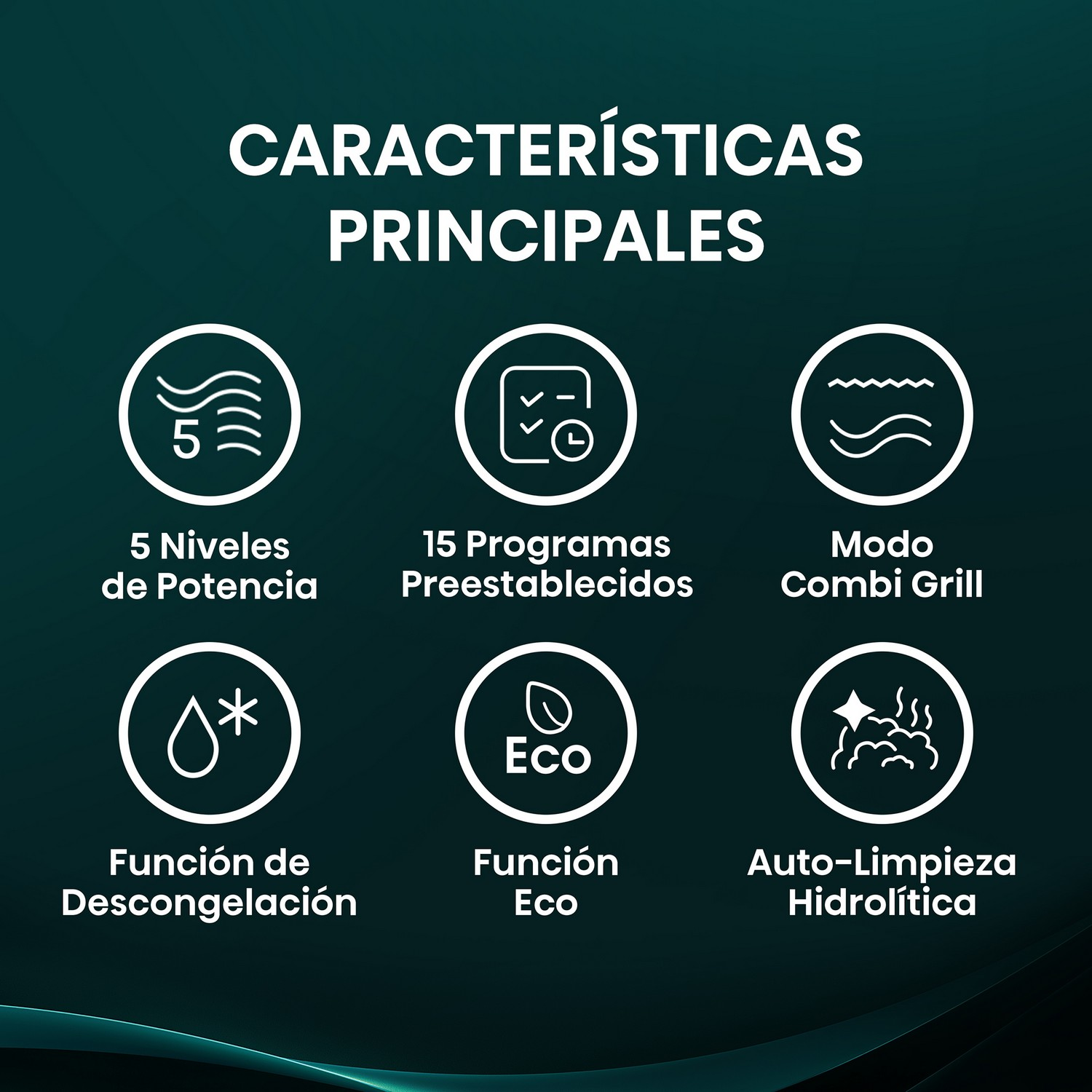 Iconos de funciones del microondas. Incluye niveles de potencia, programas, descongelación, eco y autolimpieza.