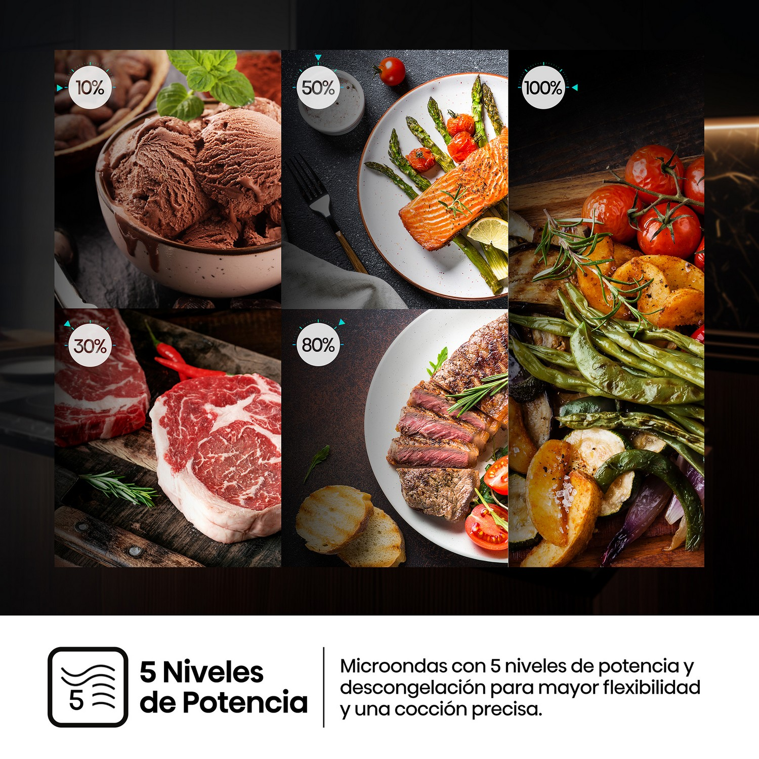 Variedad de alimentos en un microondas. Muestra diferentes etapas de cocción y niveles de potencia.