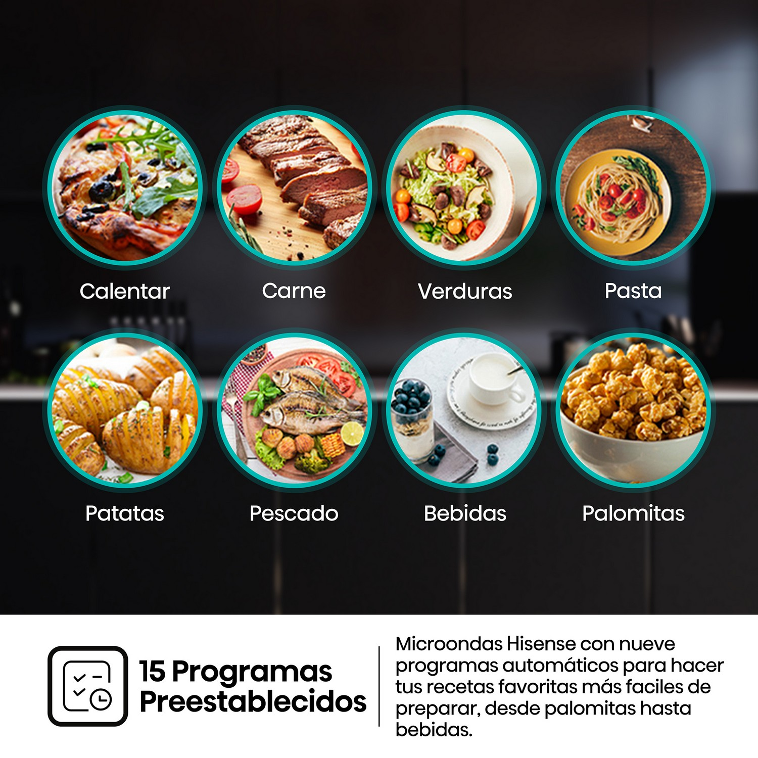 Varios platos en círculos, incluyendo pizza, carne, verduras, pasta, patatas, pescado, bebidas y palomitas de maíz.