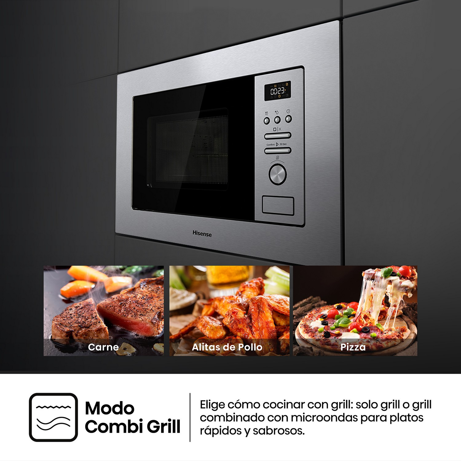 Horno de microondas empotrado en una pared, con imágenes de carne, alitas de pollo y pizza debajo.