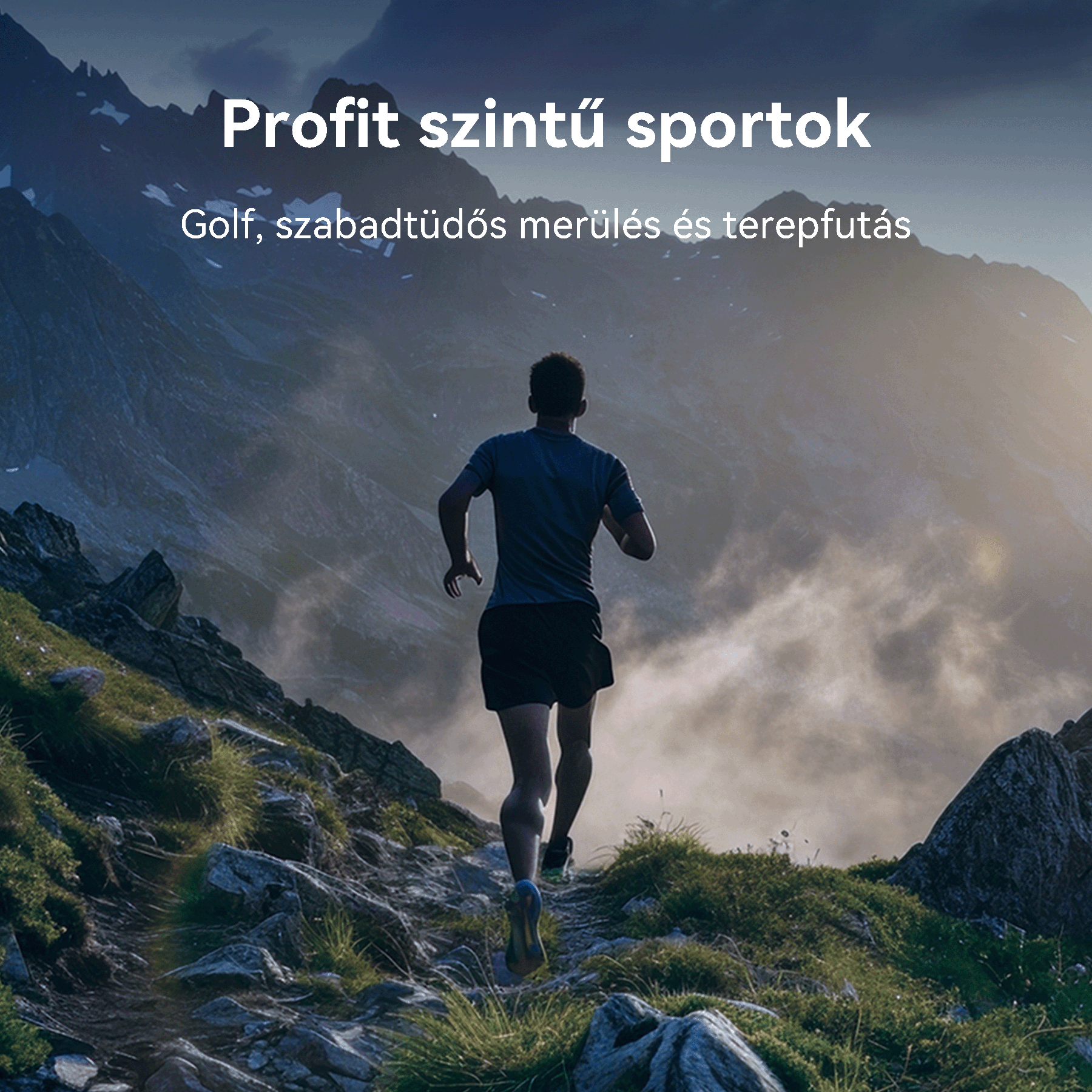 Egy személy fut a hegyi ösvényen, a háttérben hegyekkel. Az ég világos.