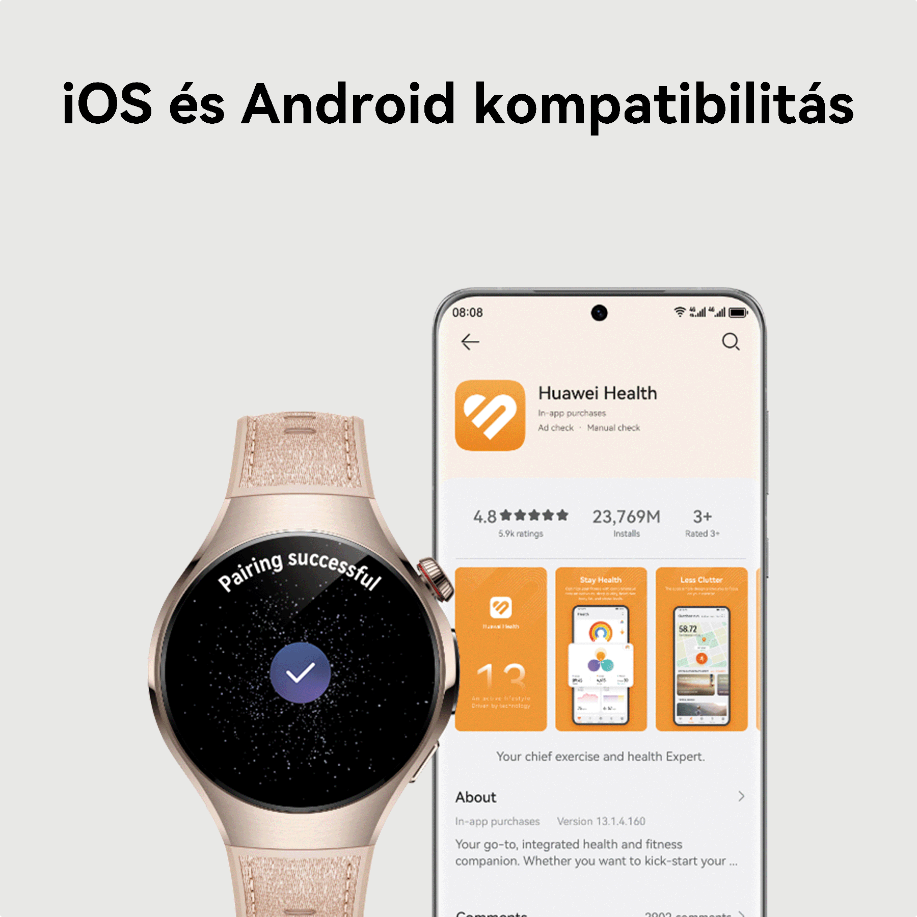 Okosóra párosítva egy telefonnal, amely a Huawei Health alkalmazást jeleníti meg.