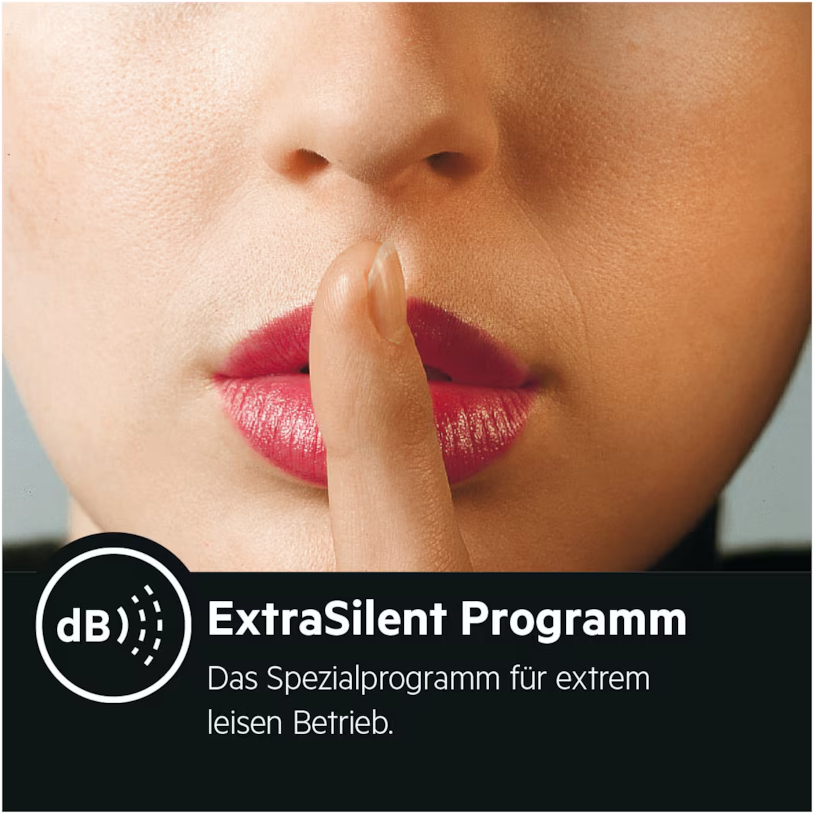 Nahaufnahme einer Person mit Finger auf den Lippen, Text: ExtraSilent Programm.
