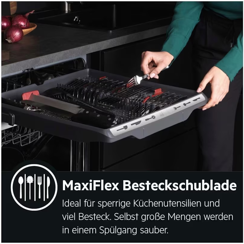 Geschirrspülerschublade mit Utensilien, Text: MaxiFlex Besteckschublade.