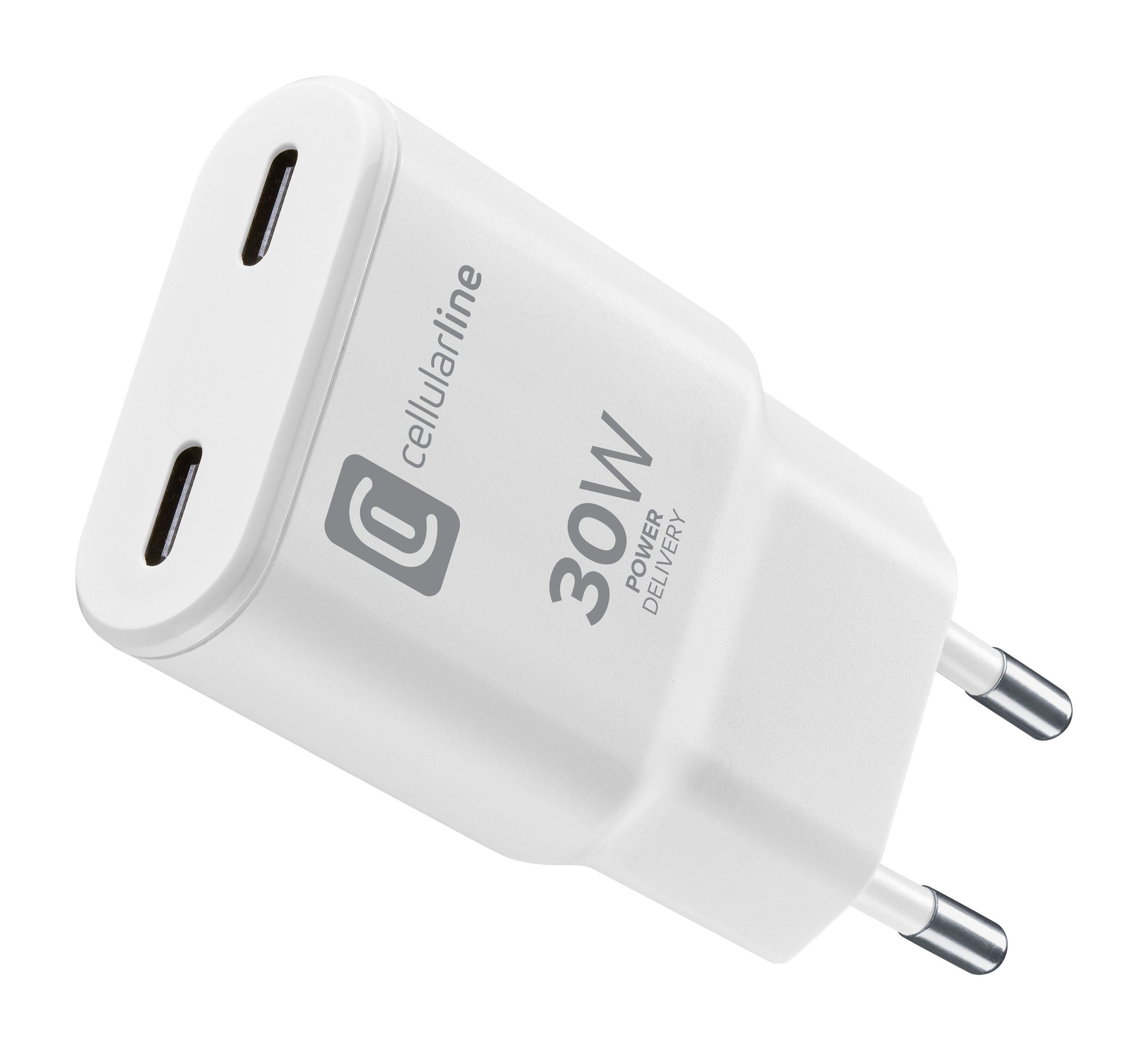 Ein weißes Cellularline-Ladegerät mit zwei USB-C-Anschlüssen.
