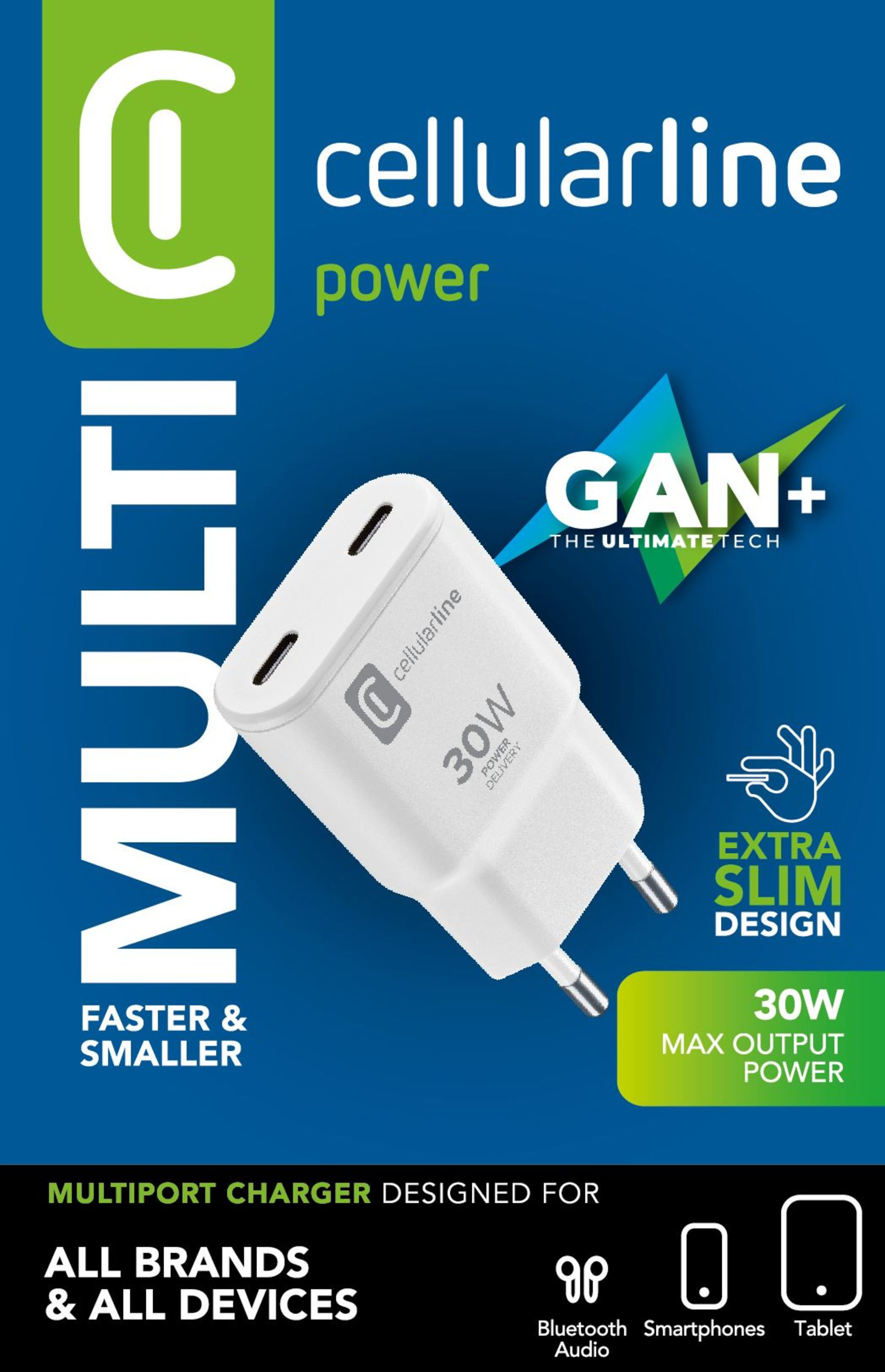 Ein weißes Cellularline-Ladegerät mit zwei USB-C-Anschlüssen.