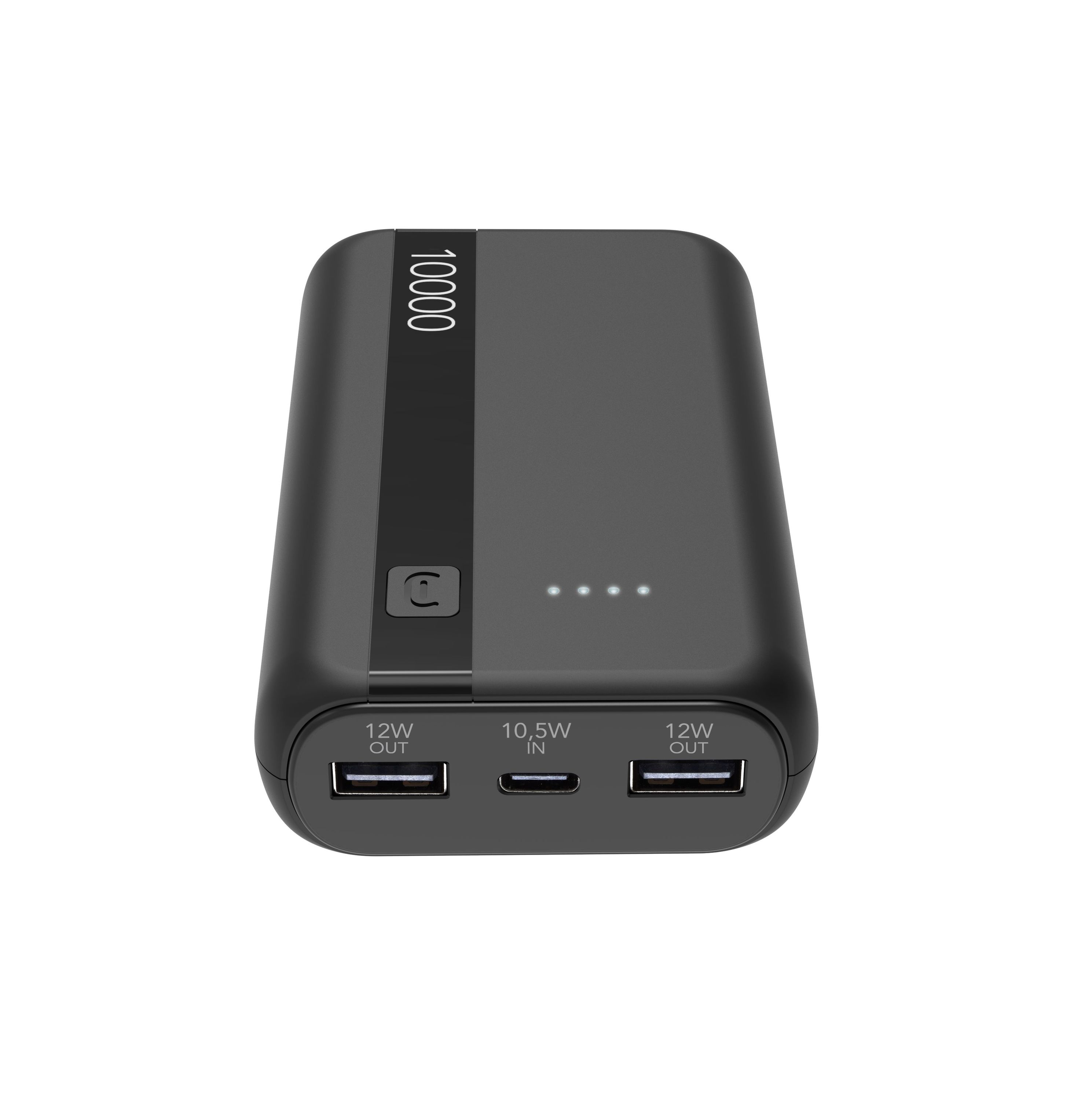 Schwarze Powerbank mit Anschlüssen. Zeigt 10000 und Ladeanschlüsse.