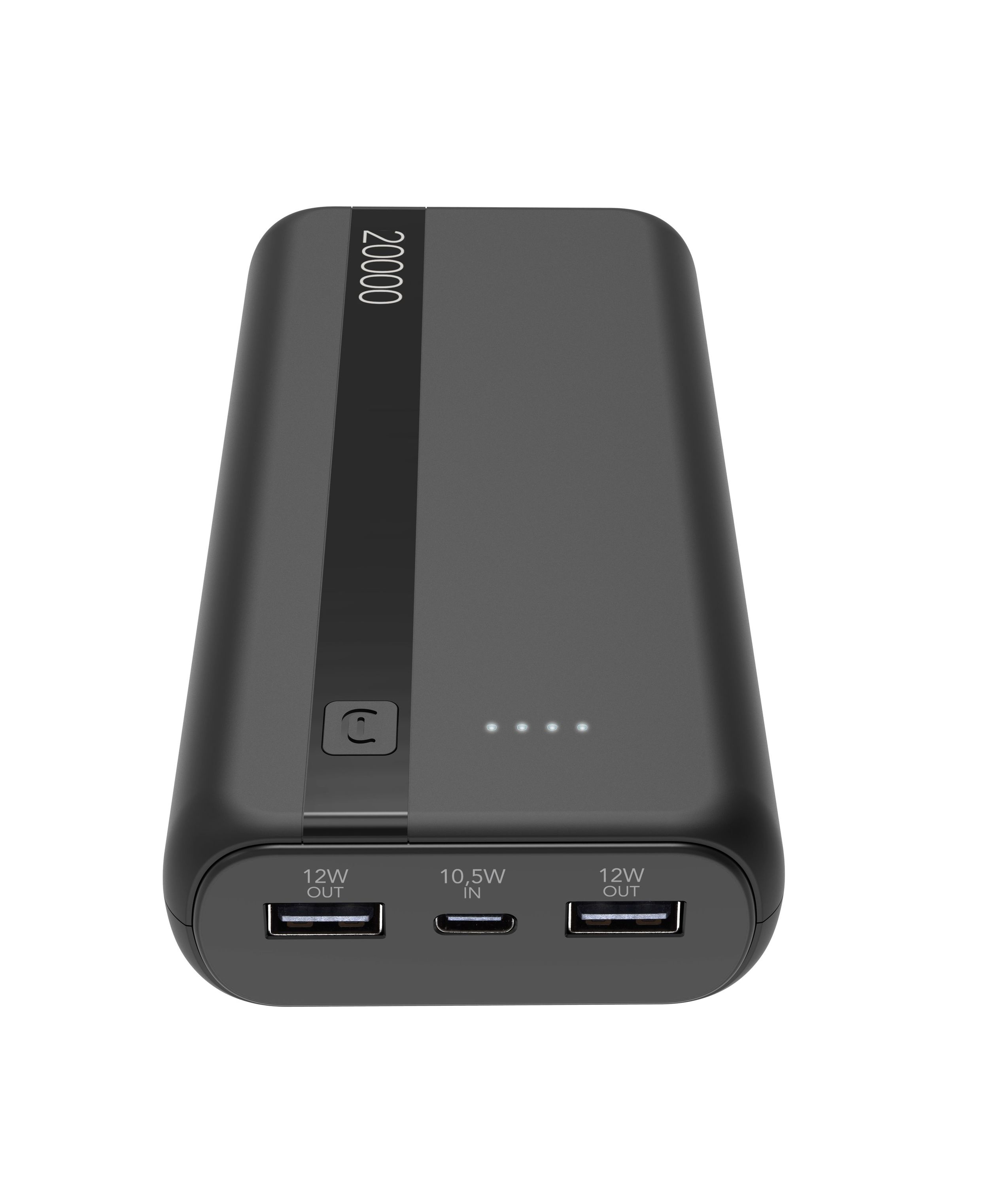 Schwarze Powerbank mit Anschlüssen. Zeigt 20000 und Ladeanschlüsse.